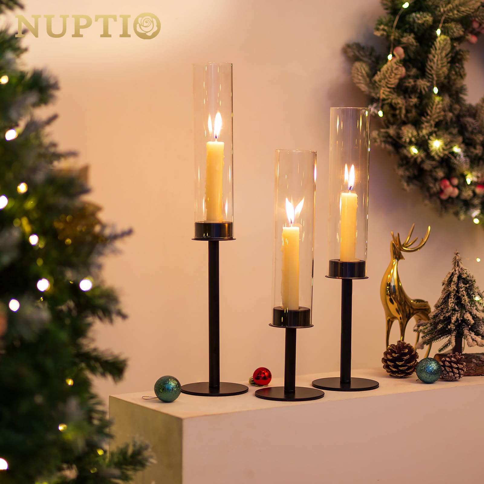 Nuptio Portavelas Huracan Nero: Portavelas de Metal de Cristal Transparente para Velas Cónicas Candelabro Alto Abierto Pantalla Cilíndrica Fiesta de Boda Centro de Mesa Decoración