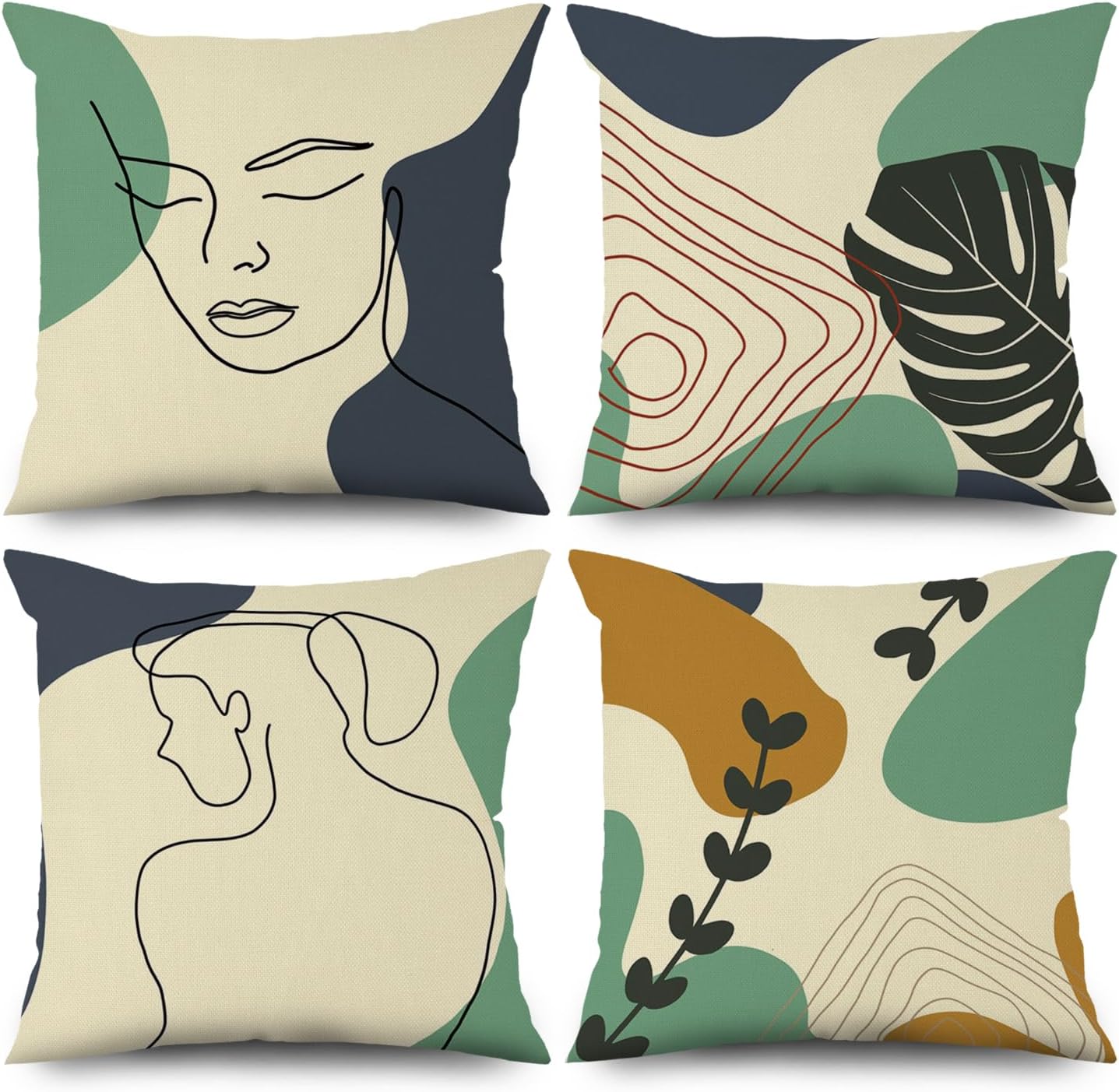 Boho Style Throw Pillow Case 20 x 20 Inch Abstract Woman Face Line Unique Pattern Square Linen Cushion Covers Decorative Set of 4 for Modern Couch Sofa Bedroom Car