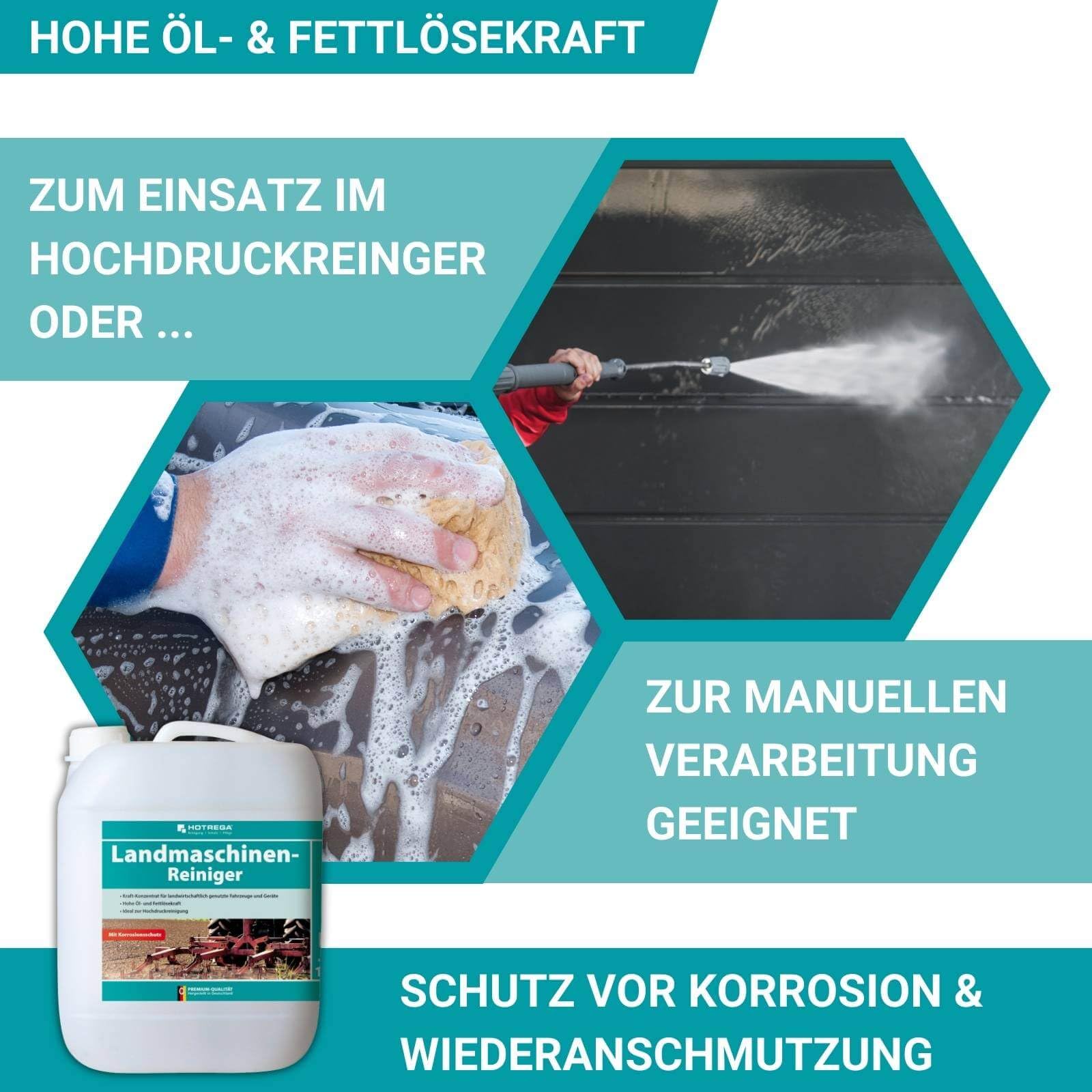 HOTREGA Maschinenreiniger Landmaschinen 10 L | Konzentrat mit Rostschutz | Kaltreiniger gegen Öl & Fett | Ideal für Traktoren + Mähdrescher | Hochdruckreiniger-tauglich | Sparsame 1:100 Verdünnung
