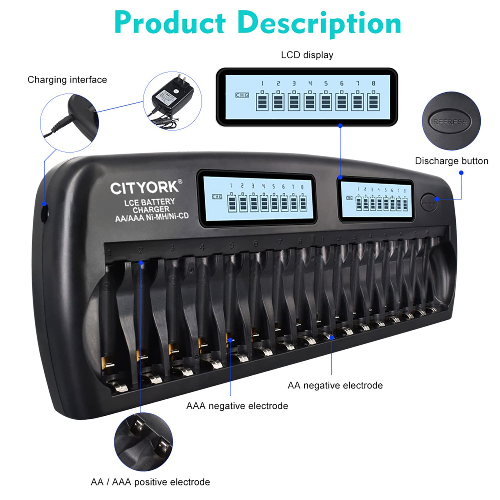 CITYORK Chargeur de batterie intelligent AA/AAA à 16 emplacements, protection IC intégrée pour piles rechargeables AA/AAA NiMH/NiCd avec fonction de décharge et écran LCD