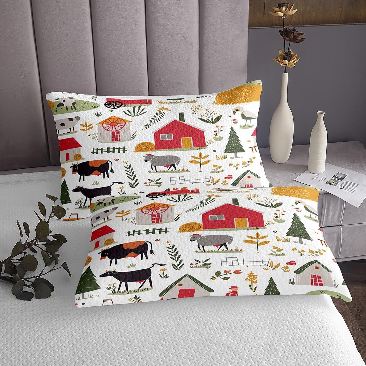 Erosebridal Farm Quilt Set Garden Windmill Bedspread Set Lodge Cabin Cottage Coverlet Set King,Barn House Toddler Quilted Country Cartoon Farm Animals Farm Truck Rustic Home Decor