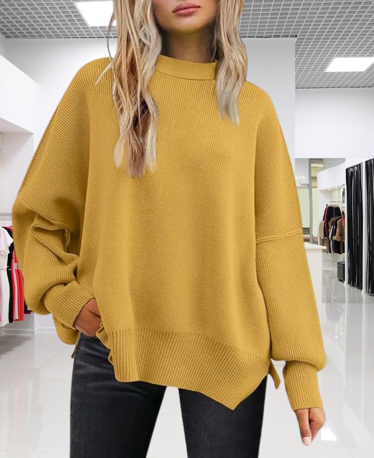 Women's Batwing Sweater Oversized Knit Pullover with Side Slits Fall Casual Crewneck Top for Fashion Outfits - Image 6