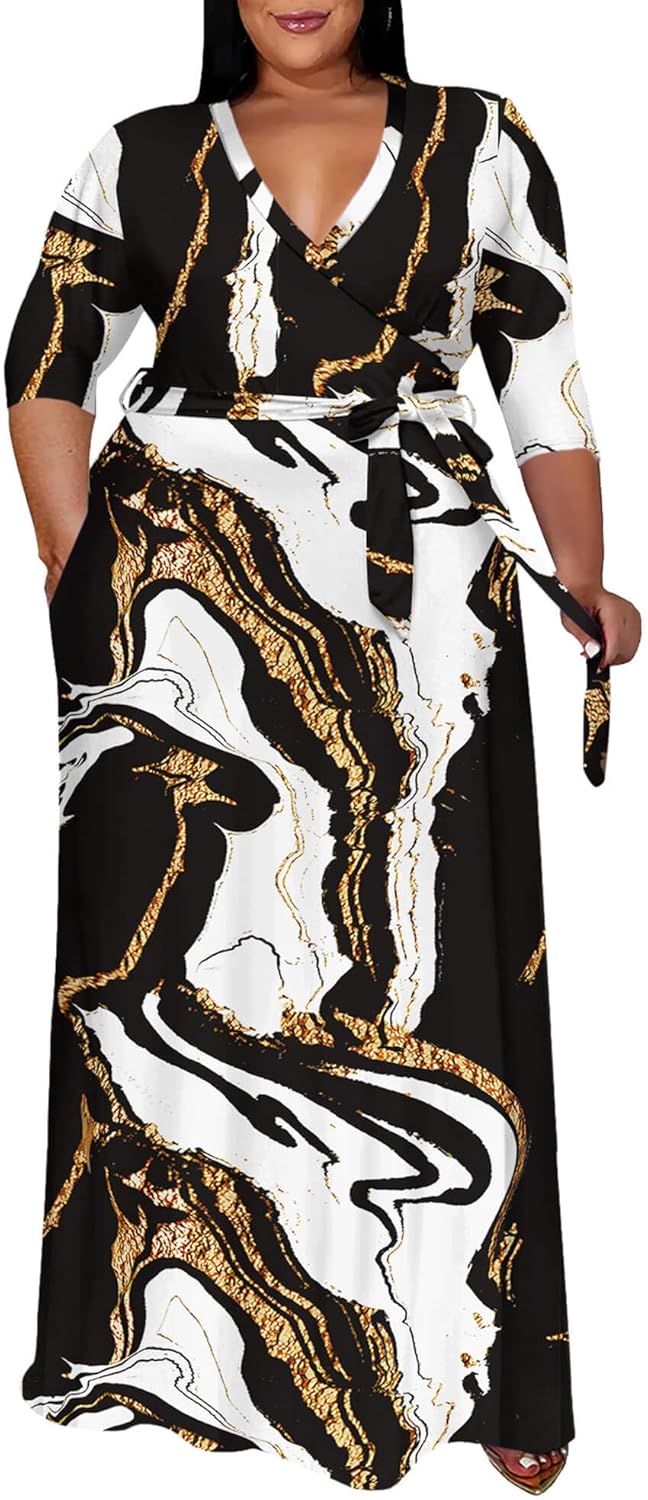 Runwind Plus Size Dress for Women - 3/4 Sleeve V Neck Maxi Dresses for Women (XL-6XL)