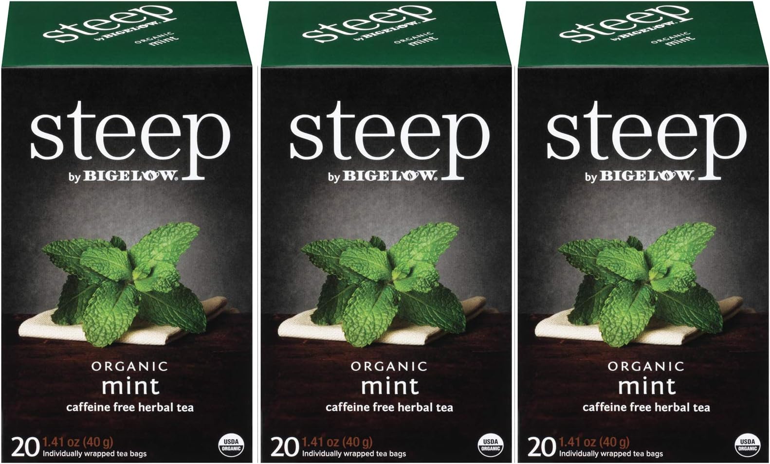 steep Organic Mint Caffeine Free Herbal 20 Count Box (Pack of 3), Certified Organic, Gluten-Free, Kosher Tea in Foil-Wrapped Bags