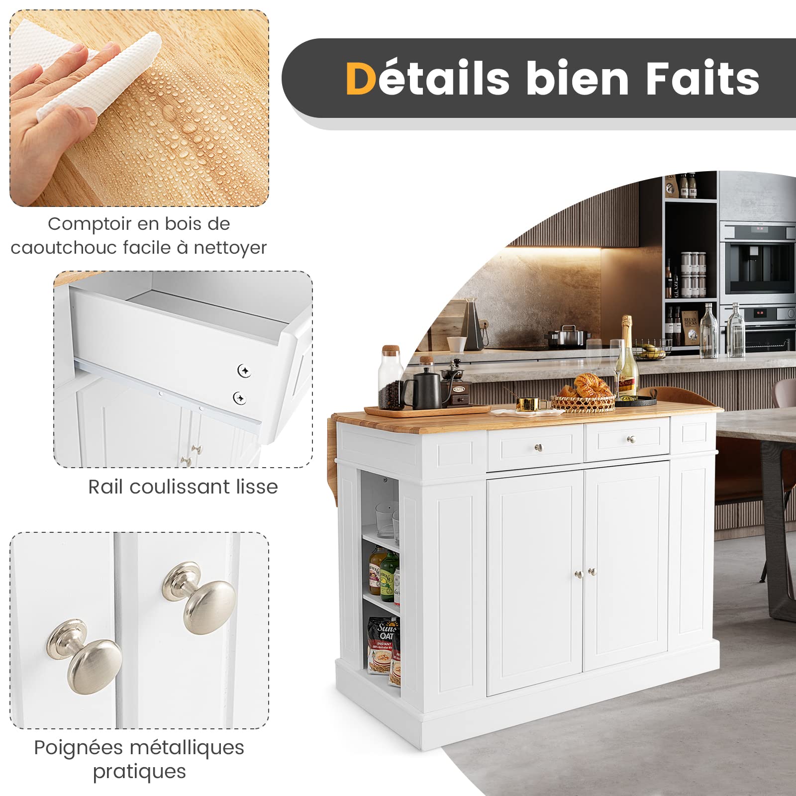 COSTWAY Ilot Central Cuisine Plateau en Bois d'Hévéa Pliable, Étagères Réglables à 3 Niveaux, Desserte de Cuisine avec Tiroirs, Supports Latéraux et 2 Portes, 61 x 120 x 92 cm, Blanc