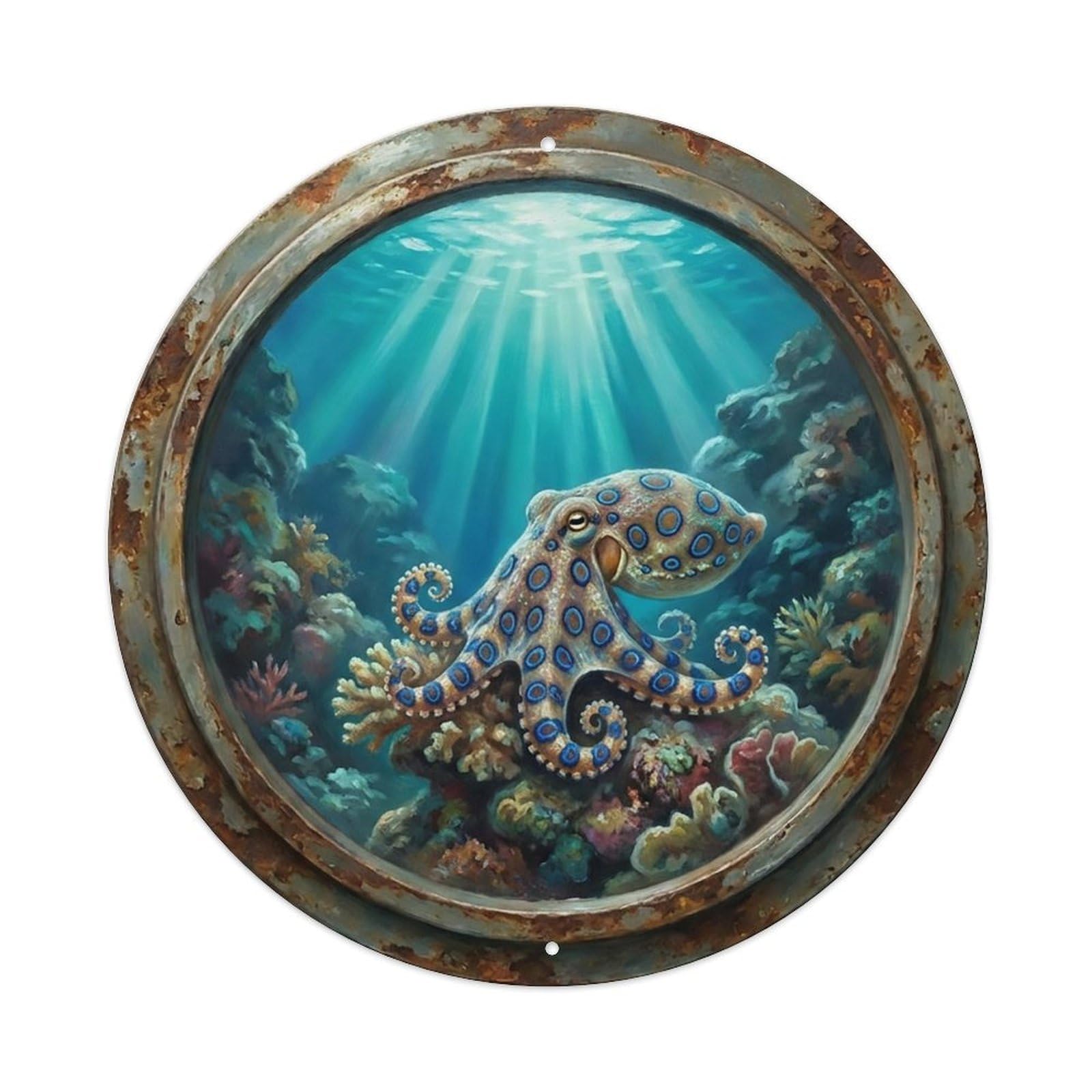 Vintage Porthole Blue Ring Octopus Ship Window Undersea Deep Sea Metal Tin Sign