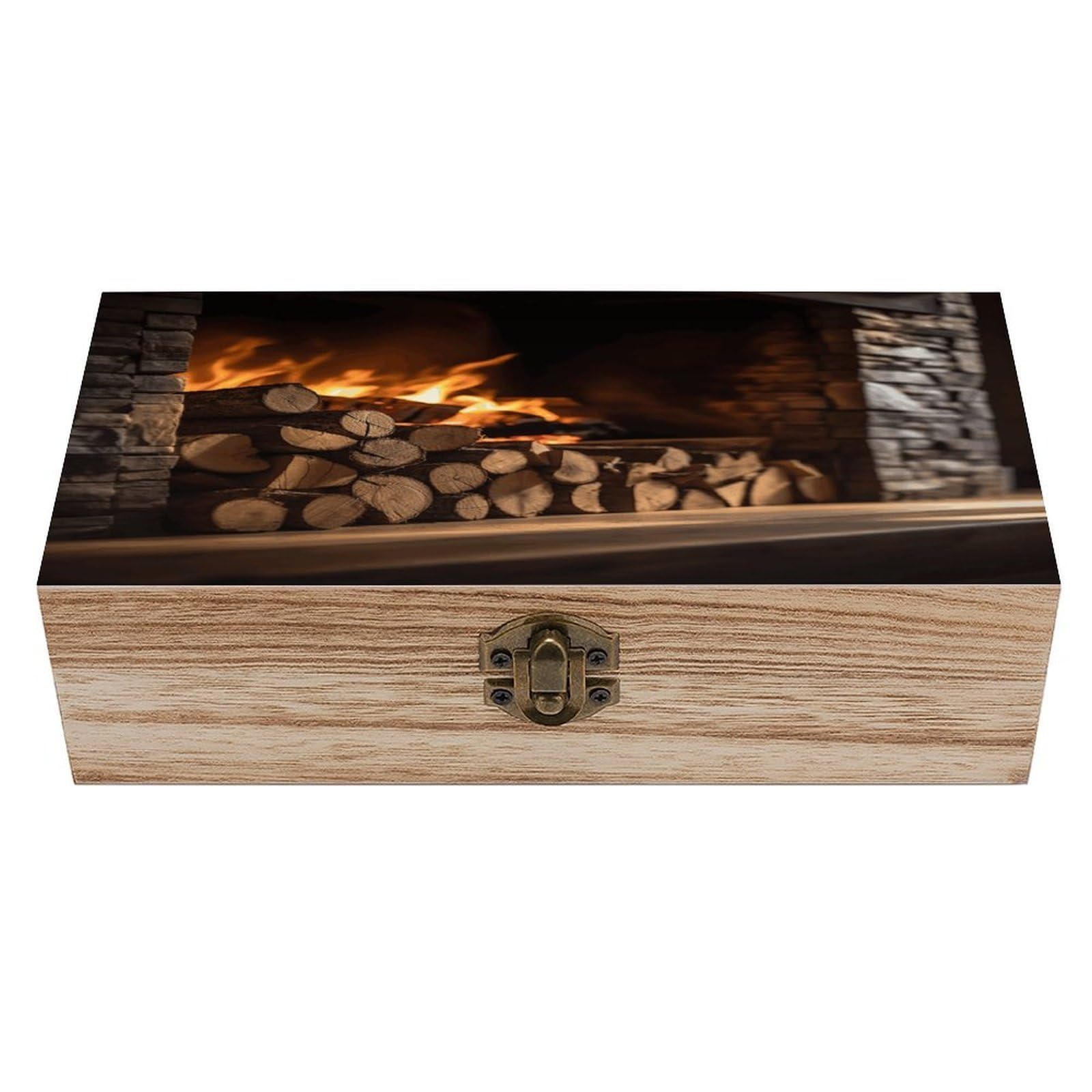 asbwuo Wood on Fireplace Wood Keepsake Box Wooden Box with Hinged Lid