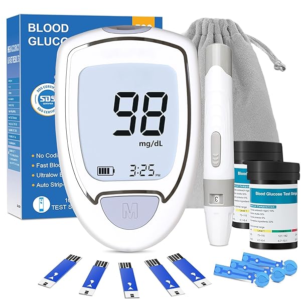 Glucose Monitor Kit, Blood Sugar Monitor with 100 Test Strips &100 Lancets for Diabetes Testing, High Accuracy Blood Glucose Meter with Auto Eject, No Coding & Large LCD for Seniors, Glucometer Diabetes Testing Kit for Travel & Home Use