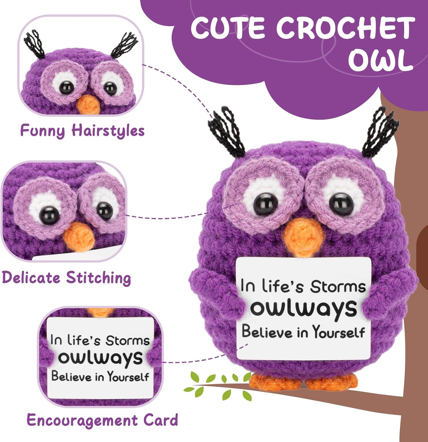 Positive Crochet Animals Handmade Owl with Encouragement Card Crochet Owl Gifts for Women Room Office Car Decor - Image 3