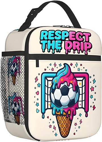 Lonchera de fútbol para niños, bolsa de almuerzo aislada para la escuela con gráfico de helado de goteo, enfriador de lonchera, resistente a fugas,