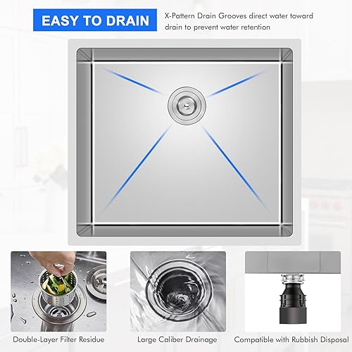 Miniatura 7 de MENATT Fregadero de cocina de montaje inferior de 25 pulgadas, fregadero de cocina de acero inoxidable 304 hecho a mano de 25 x 22 pulgadas,