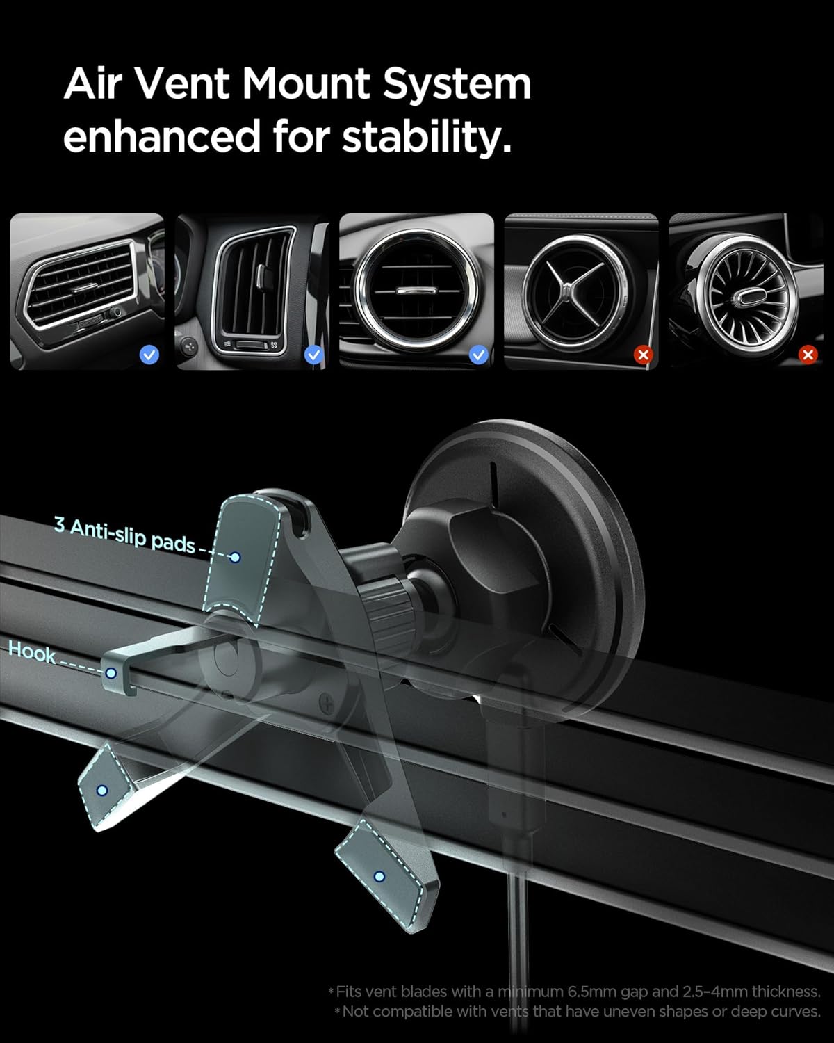 Spigen MagFit car mount attached to a car air vent, showing stability features