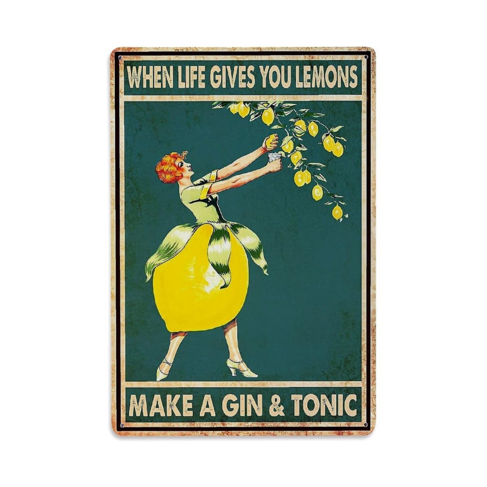 Jdyaojiesheng Vintage Woman Lemon Dress Gin Tonic Tin Sign Retro Metal Wall Decor Metal Poster, Home Bar Garage Farmhouse Cafe Wall Art Decoration 8X12inches