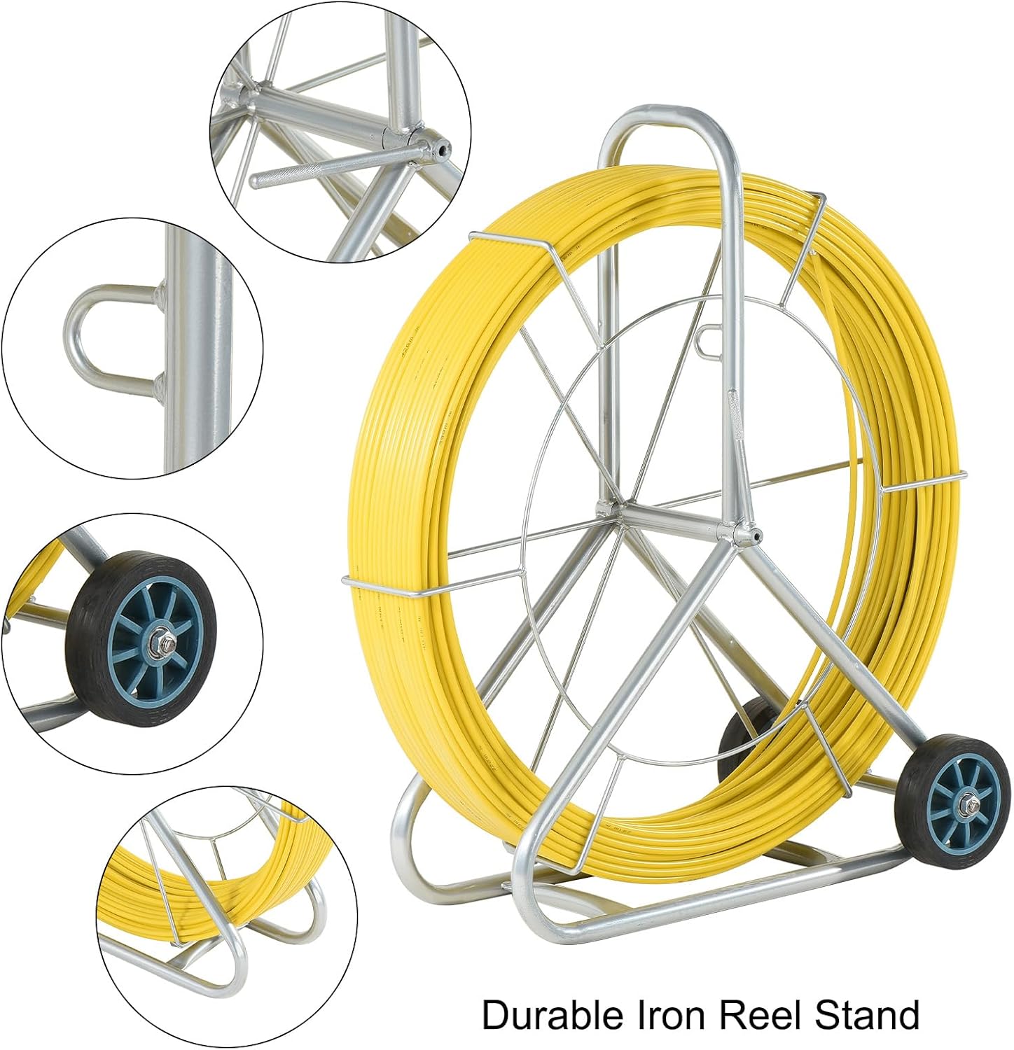 MECCANIXITY Duct Fish Tape 8MM 150M/492FT,Duct Rodder Fiberglass Wire Puller,Wire Cable Running Rod with Wheel Stand for Pipeline Dredging,Cable Traction,Power Construction Threading Yellow