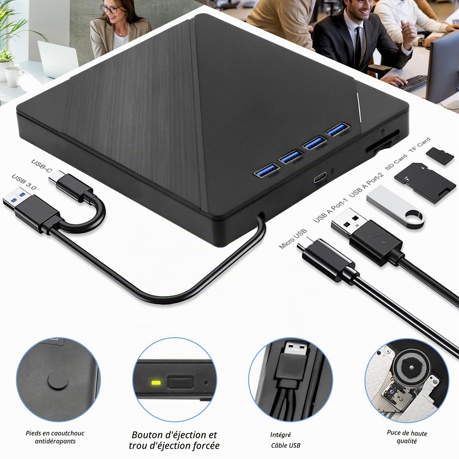 Custom Catch Lecteur Optique Blu - Ray Externe 7 en 1 Lecteur DVD/BD/CD, Lecteur Optique Blu - Ray usb3.0 Type - c3d, pour Windows XP / 7/8 / 10/11
