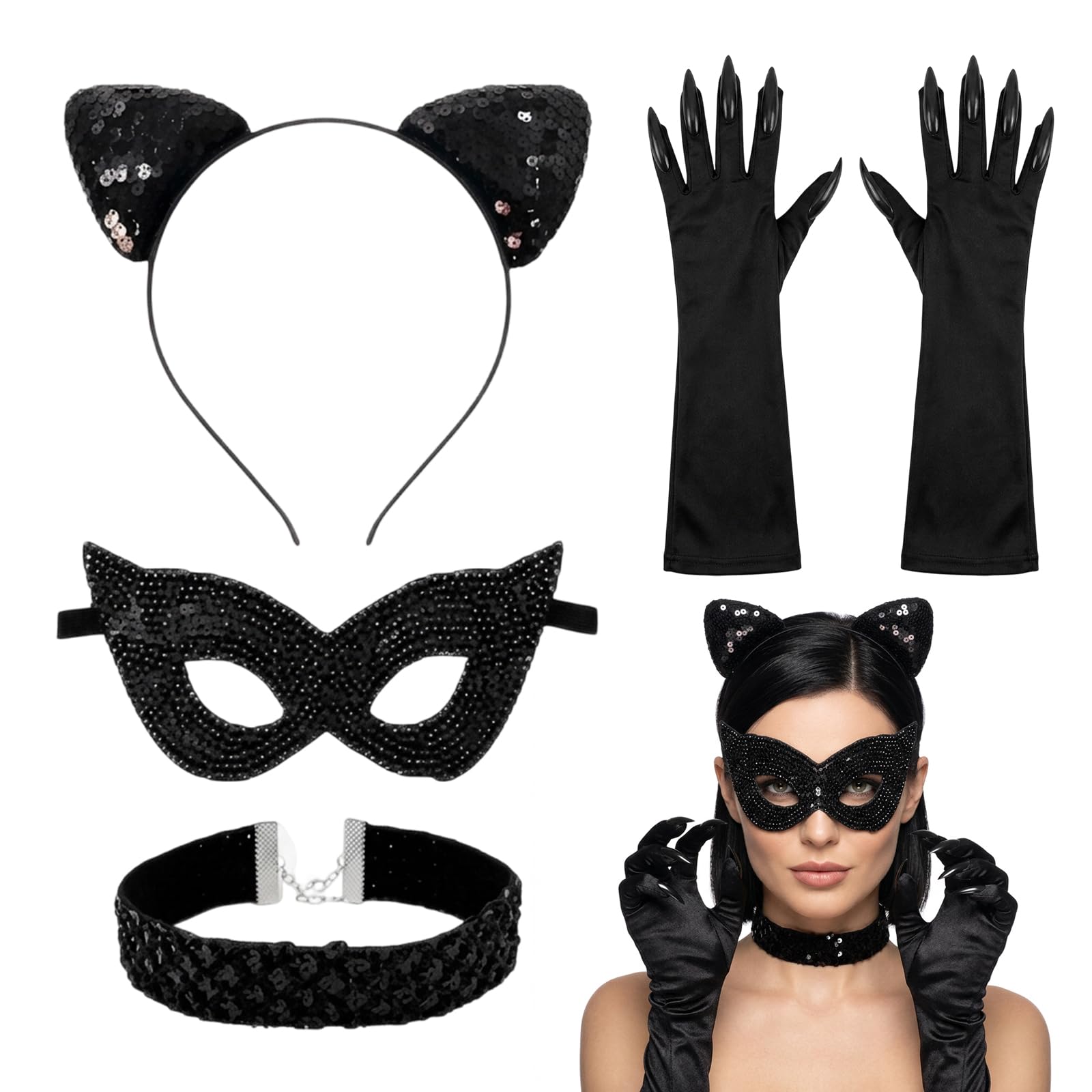 Efuwfugc 4 Pcs Cat Woman Costume Women, Catwoman Costume for Halloween Parties and Cosplay Events, Elegant Black Feline-Themed Attire with Adjustable Accessories