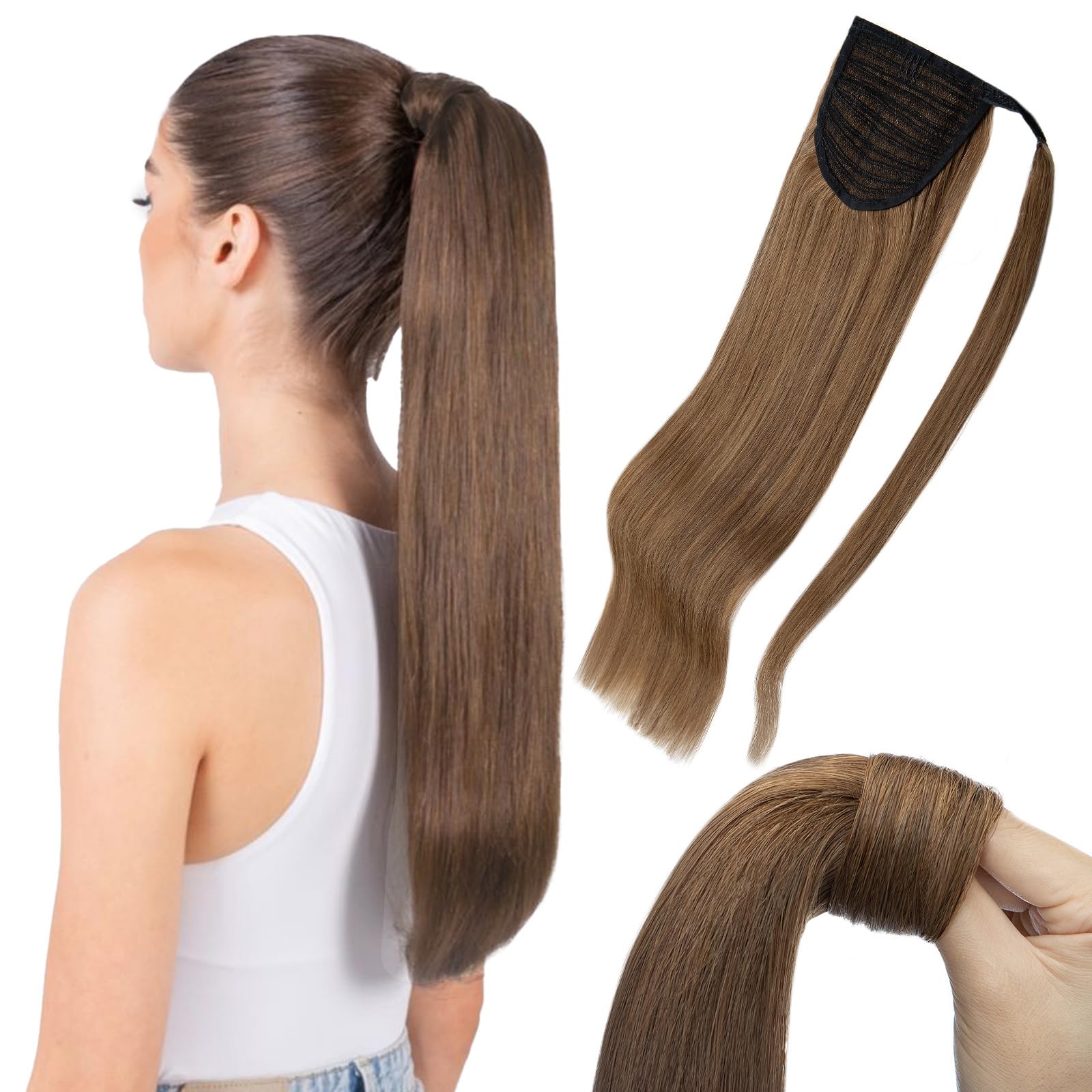 MY-LADY Ponytail Extension Echthaar Zopf Hellbraun 35cm 80g mit Klett | Echtes Haar Pferdeschwanz Haarteil Glatt– einfach anzubringen, schnelles Volumen, weich & natürlich, fester Halt, unsichtbar