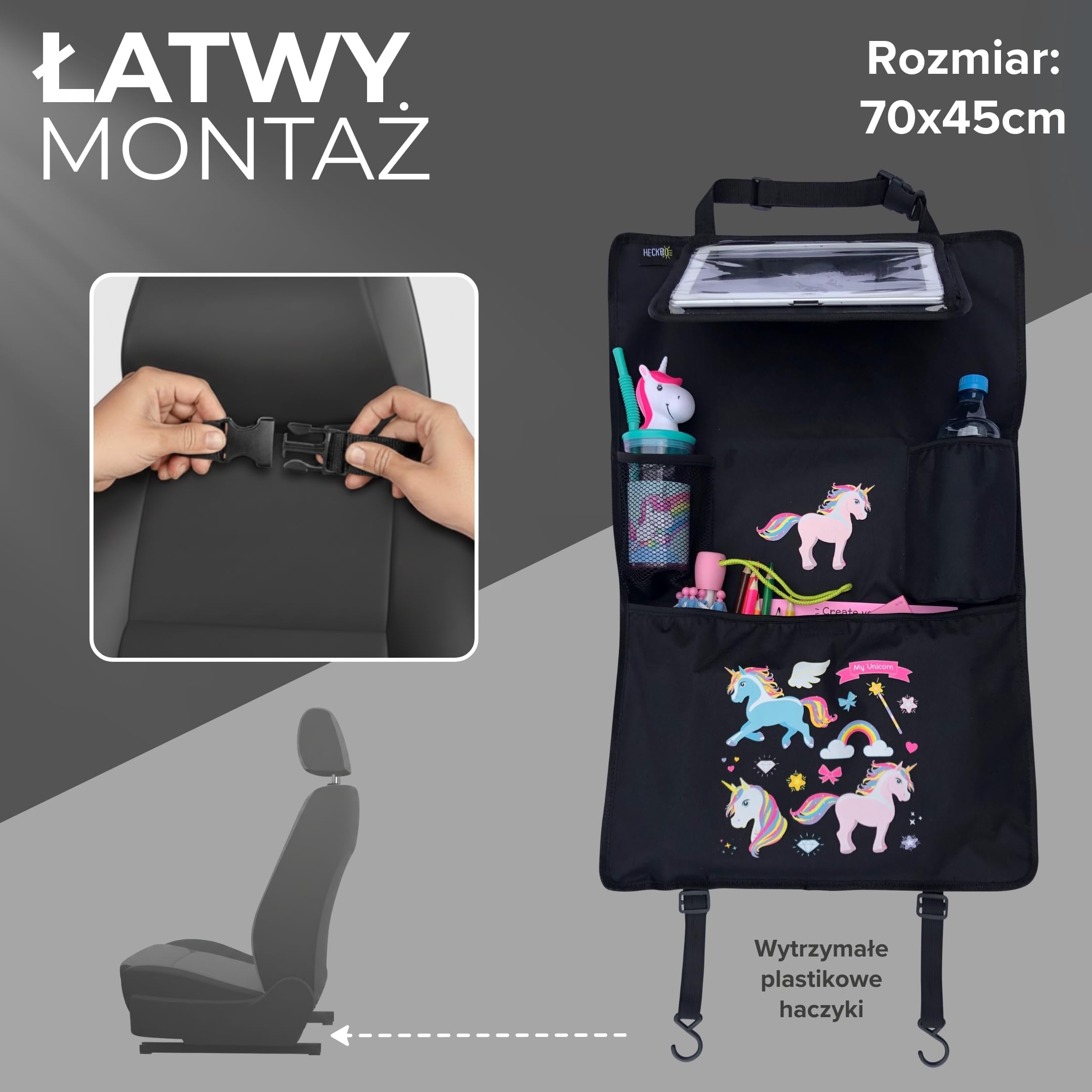 HECKBO 1x dziecięcy organizer na oparcie fotela samochodowego z regulowaną kieszenią na tablet, miejsce na akcesoria – Jednorożec – 70x45 cm – w zestawie uchwyt na napoje