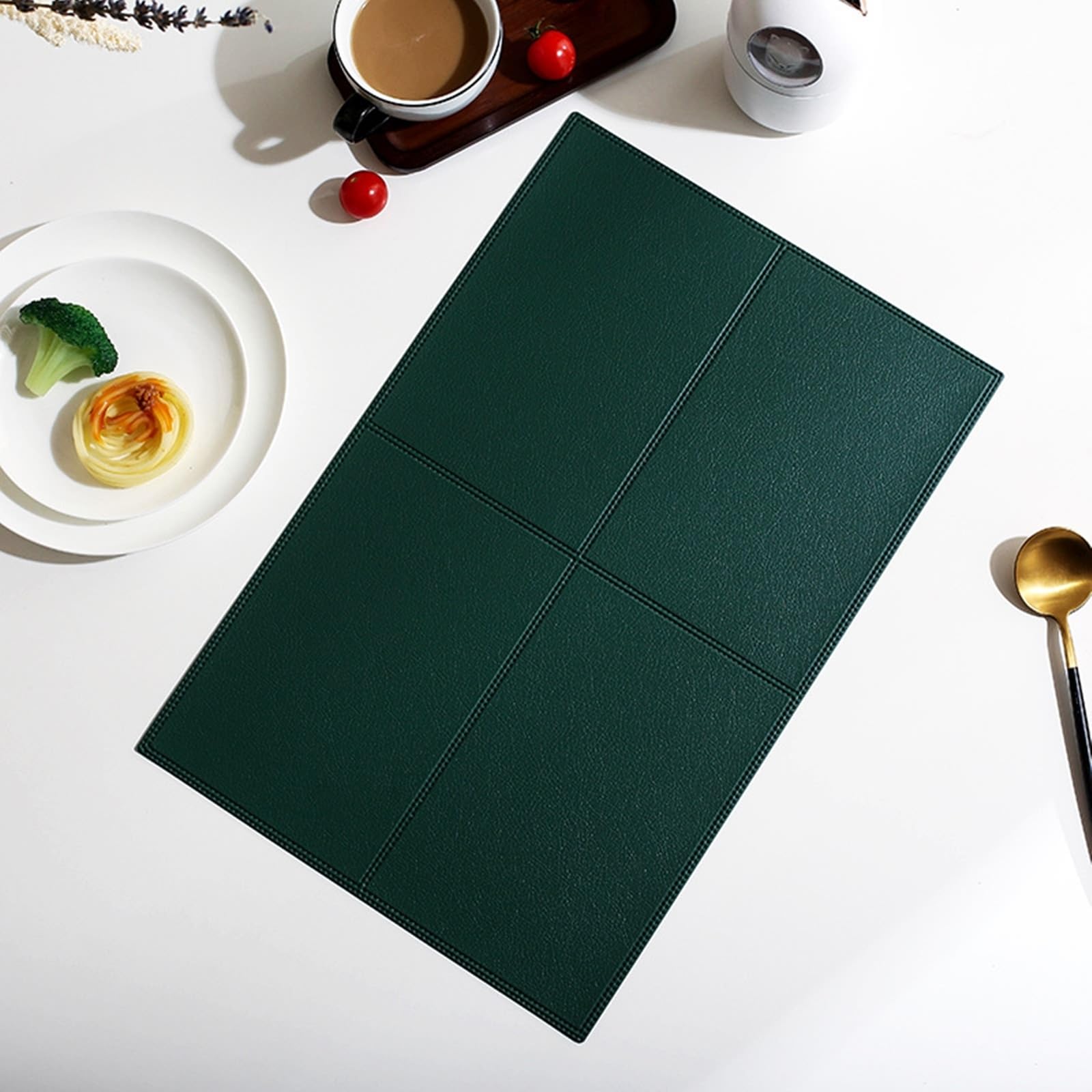 Juego de 10 manteles individuales, de piel, rectangulares, monocolor, textura rectangular, manteles individuales para cocina y comedor verde oscuro, 30 x 45 cm