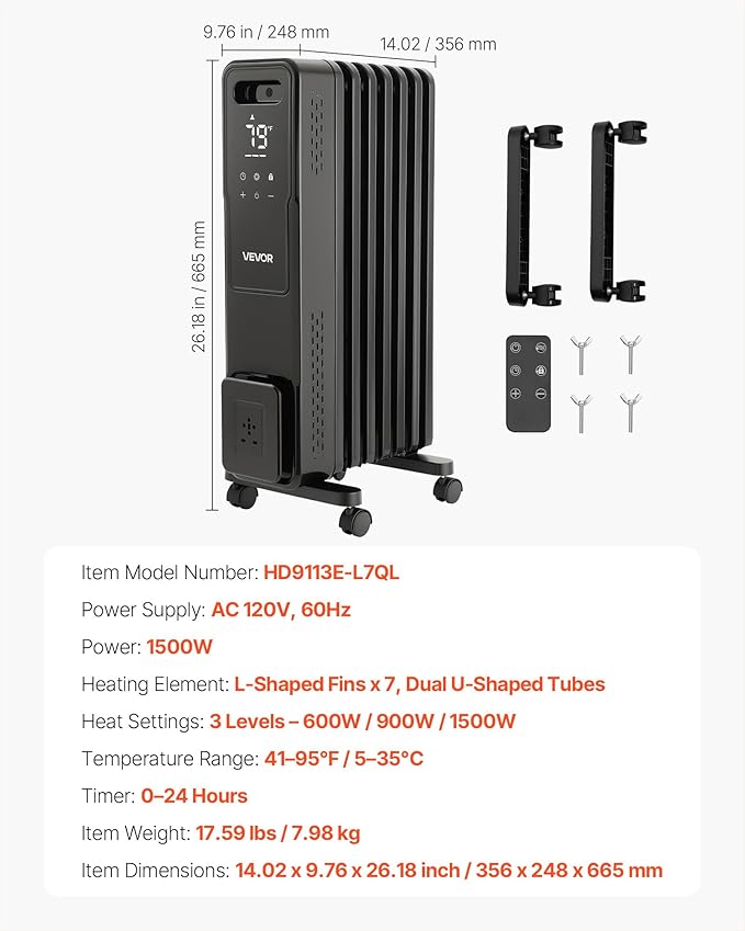 Calefactor Eléctrico Radiador de Aceite 1500W con Termostato y Control Remoto miniatura 3