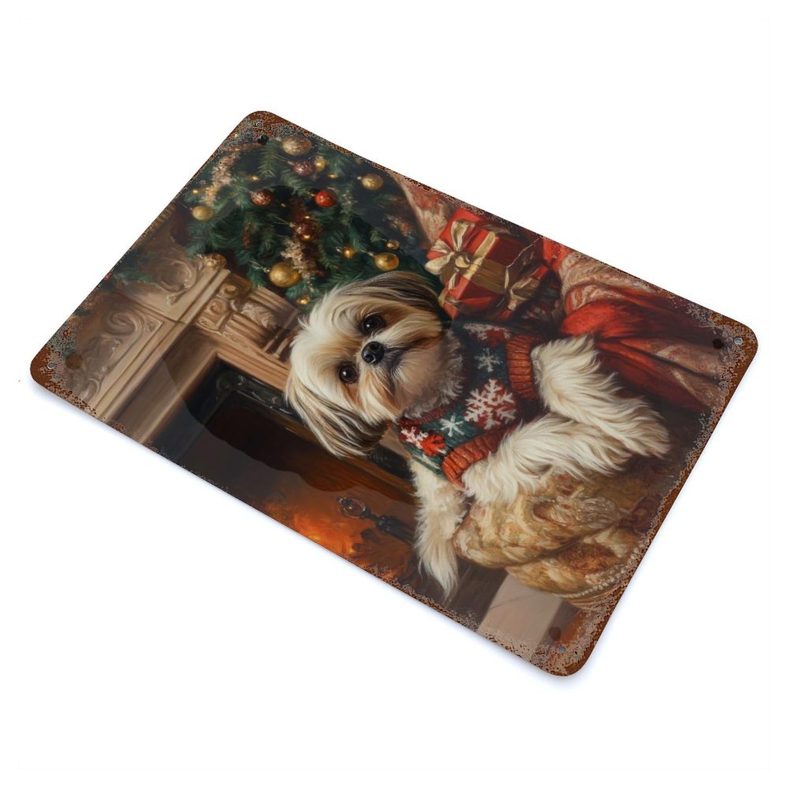Dog in Christmas Sweater Shih Tzu Dog Christmas Art Vintage Rust Metal Sign 11.8"x7.9", for Basement, Hobby Room And Garage Decor, Farmhouse Wall Decor