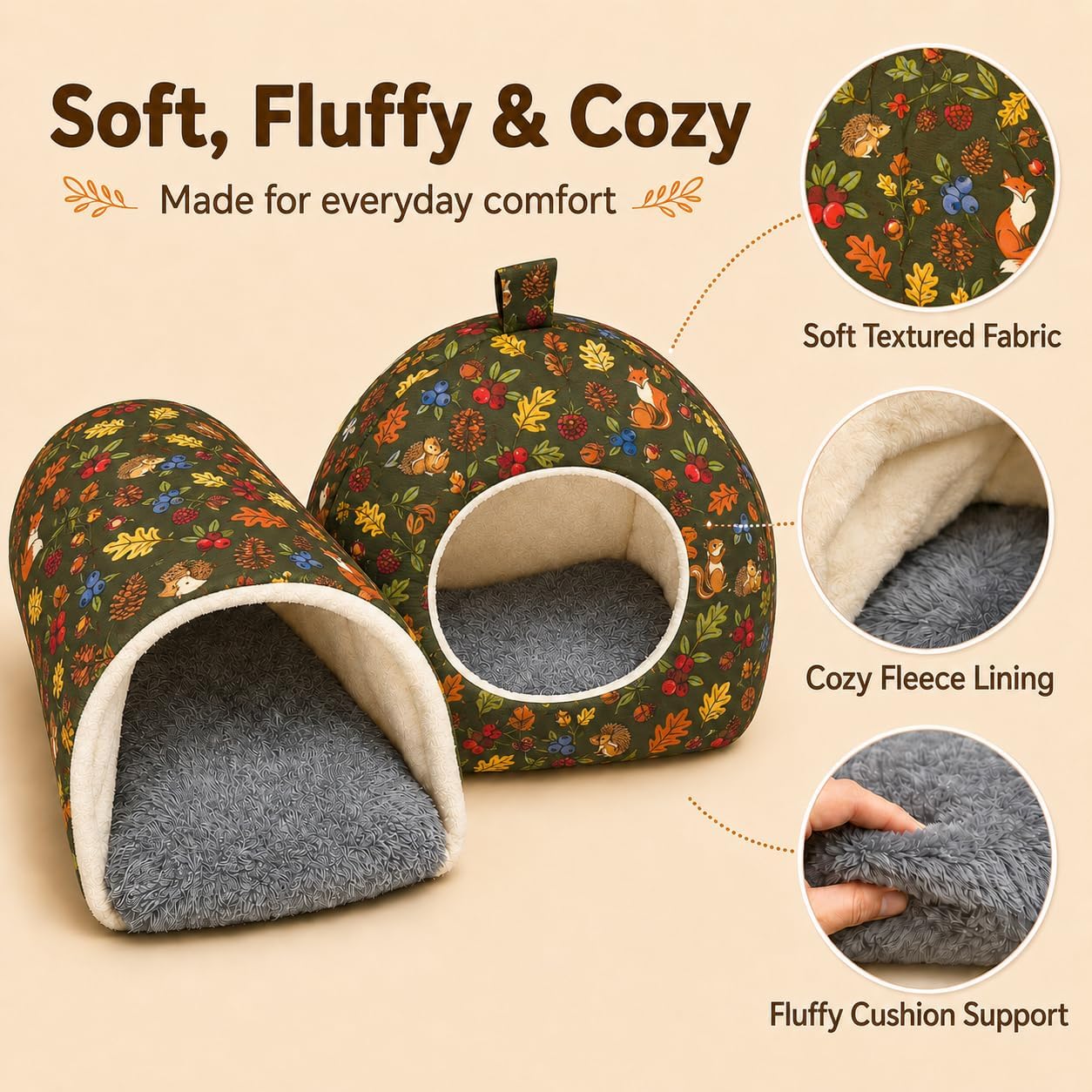 Hamster Hideout Tunnel Set, 2 Pack Washable Small Animal Bed with Removable Cushion, Cozy Play Tunnel Cage Accessories for Hamsters, Hedgehogs, Mice, Rats, Gerbils, Green Forest image 3
