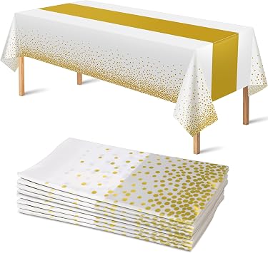 OHOME 8 Pack Disposable Plastic Table Cloths for Parties,White and Gold Dot Rectangle Table Covers for Wedding Birthday Baby Shower BBQ First Communion Decorations 54" x 108"