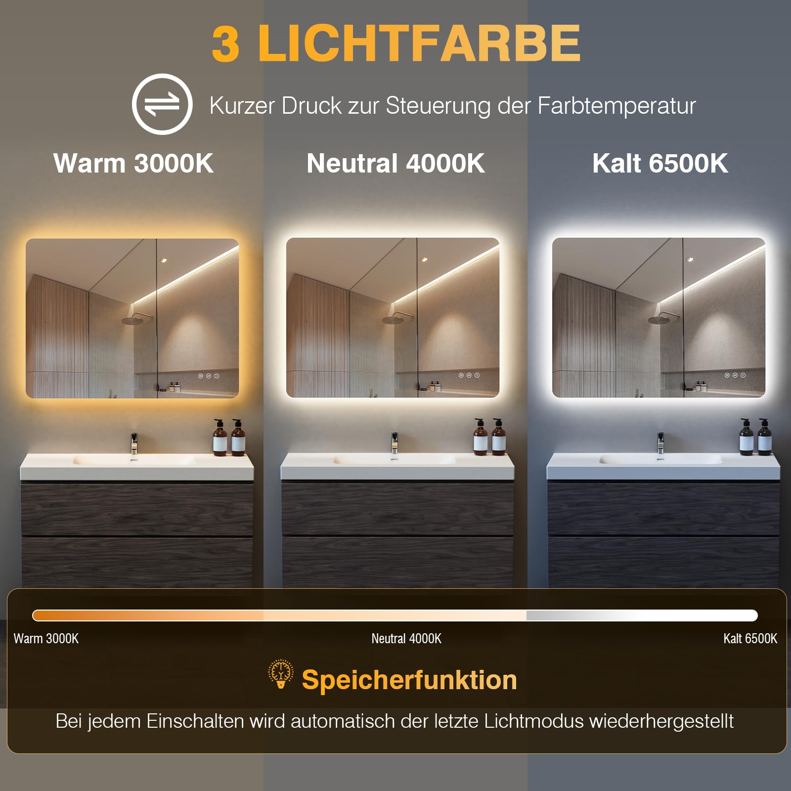 Badezimmer Spiegel mit Beleuchtung 100x60cm, LED Bad Spiegel mit licht, Antibeschlag, 3 Lichtfarben, Dimmbar, Rechteckig Badezimmerspiegel mit Touch-Schalter, Speicherfunktion, IP44