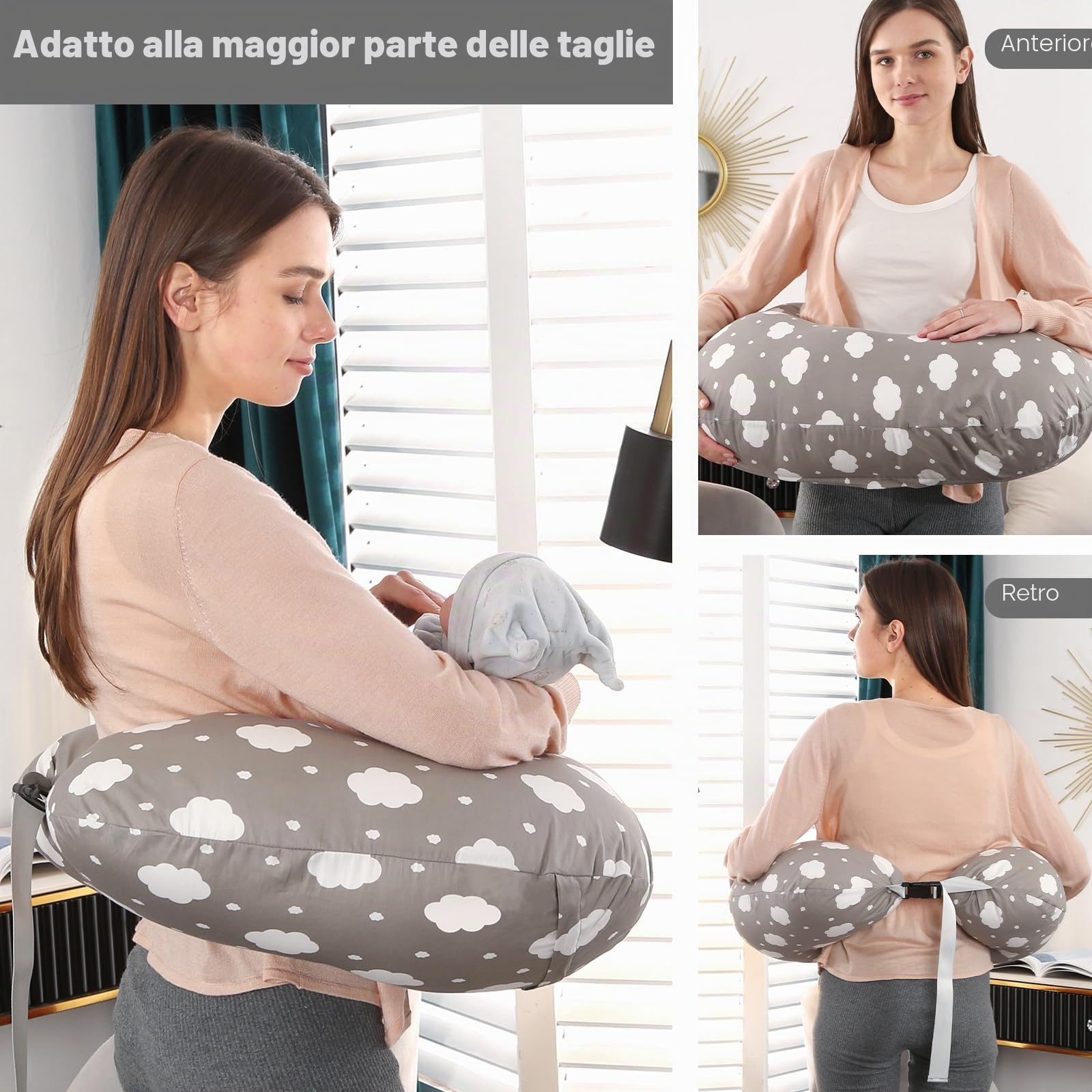 Labtec Cuscino Allattamento Neonato, cuscino tummy time neonato, con cinghia regolabile in vita, cuscino di supporto per bambini, 100% cotone