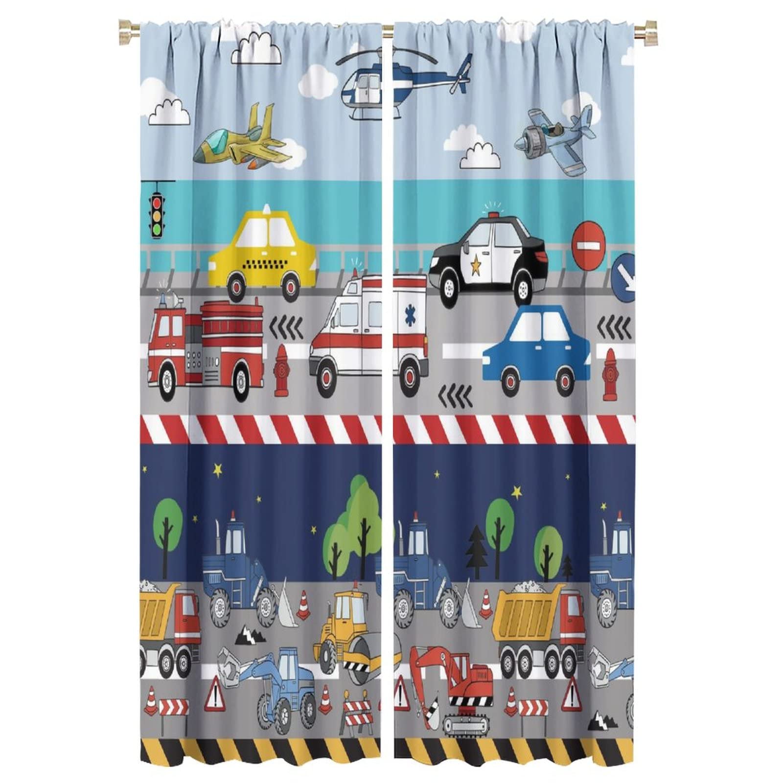 INSFBRB Kids Boys Construction Blackout Curtains for Bedroom - Cartoon Colorful Cars Bulldozer Tractor Truck Airplane Window Drapes,Rod Pocket Room