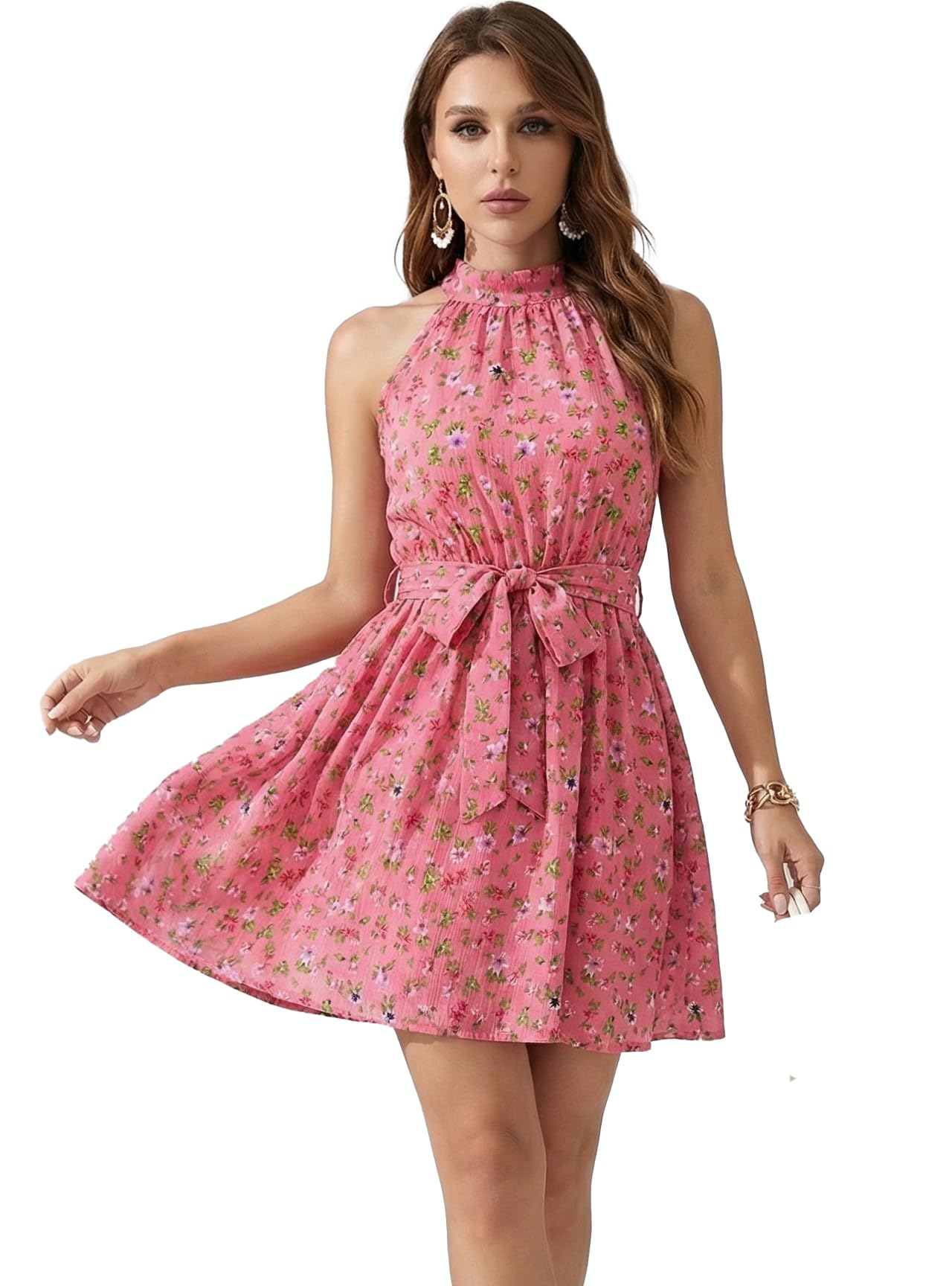 Women's French Pink Ditsy Floral Print Polyester Crepe Halter Neck Sleeveless Fit & Flare Mini Dress for Casual Brunch and Vacation Wear-image-17