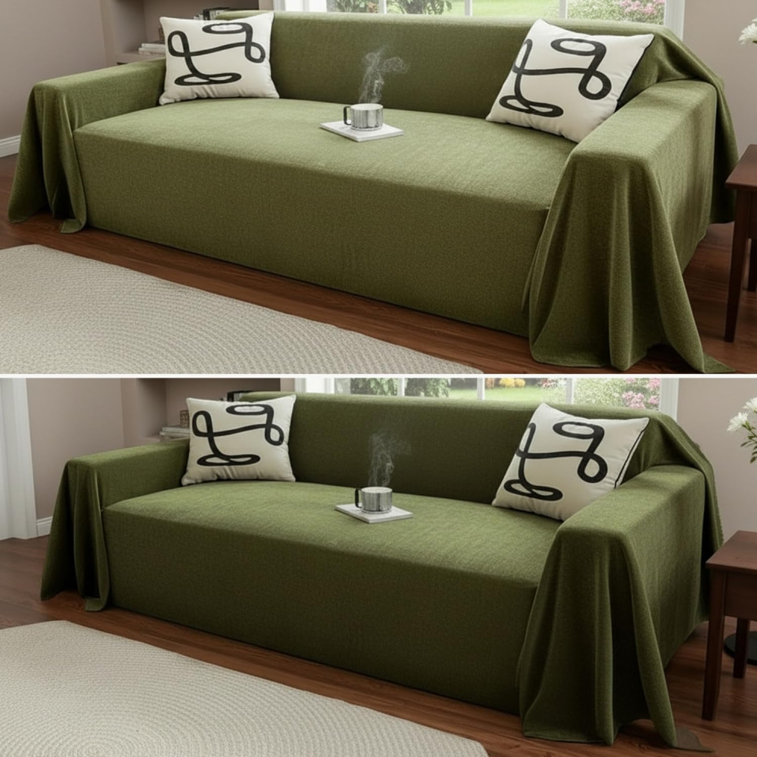 The Furnishing Tree Reversible Double Sided Chenille Throw Sofa Cover, Anti-Slip Couch Cover, Comfy Sofa Towel for All Seasons, 3 Seater, Soft textured woven finish Olive Green-image-13