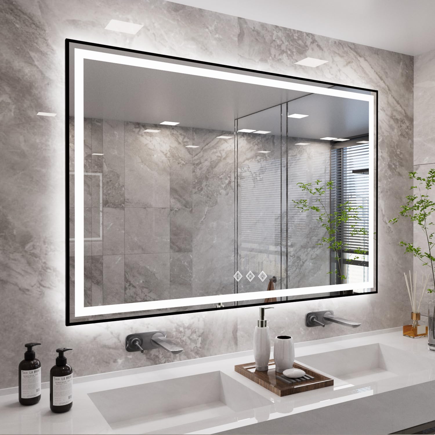 LED Mirror, 60x36 Inch Black Framed Gradient Front and Backlit Bathroom Mirror Black Frame, 3 Colors Dimmable CRI>90, IP54 Enhanced Anti-Fog Wall Mounted Bathroom Vanity Mirror