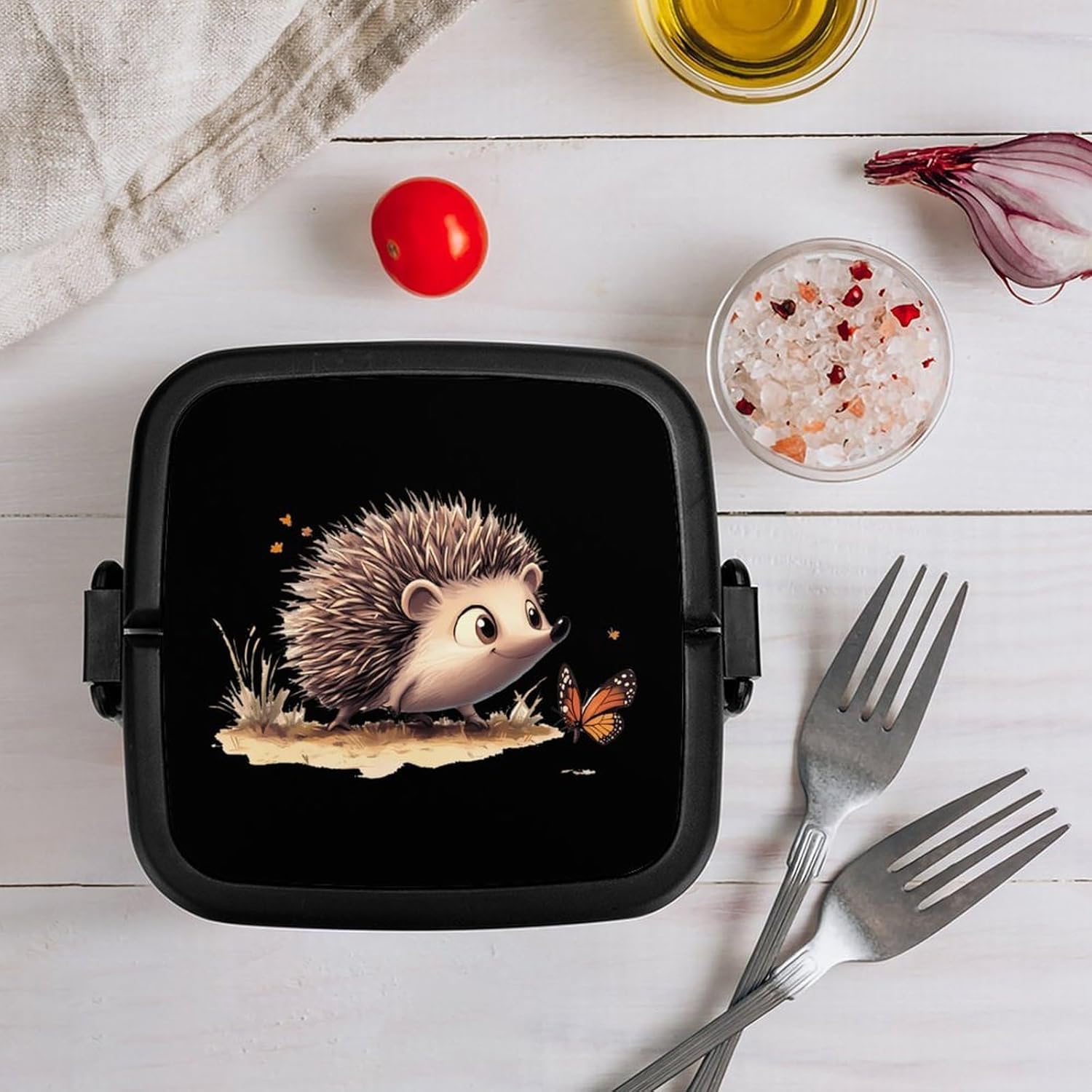 Hedgehog Butterfly Bento Box with Spoon 2 Layer Food Container Cute Lunch Box for Travel Dining Work
