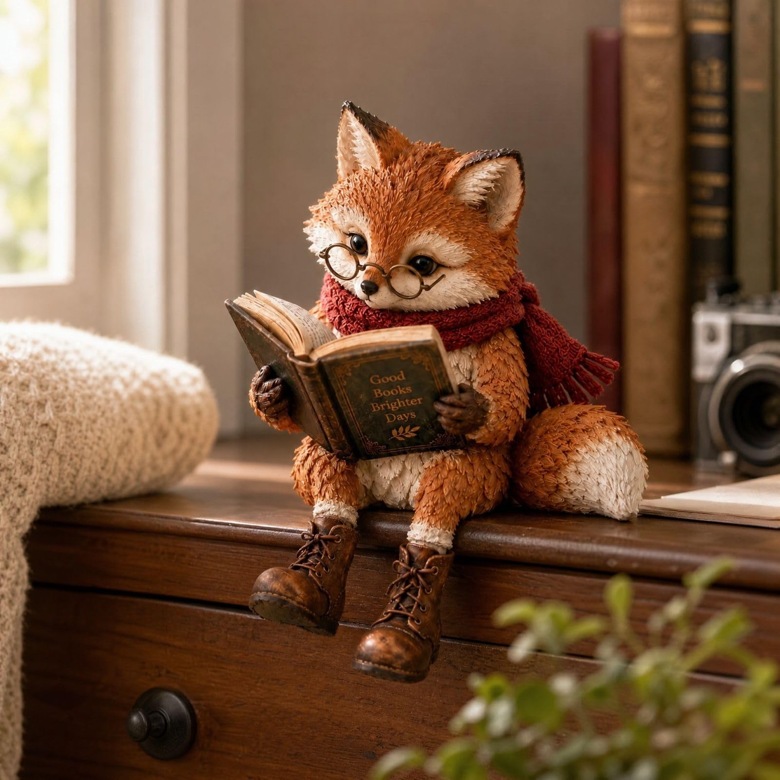 DIYIOUZHOU Reading Fox Figurine Bookshelf Decor Rustic Shelf Sitter