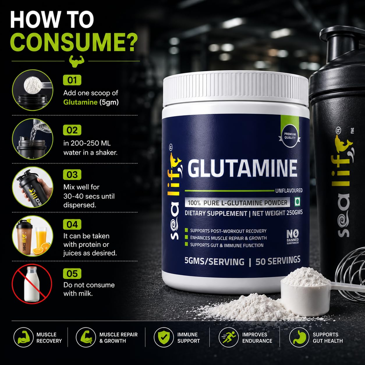 Sea Life 100% Pure L-Glutamine | Glutamine Powder, Amino Acid | Post Workout Supplement for Muscle Growth & Recovery - 250g, Unflavoured (50 Servings) For Men & Women. Pack of-1 — Amazon image 3