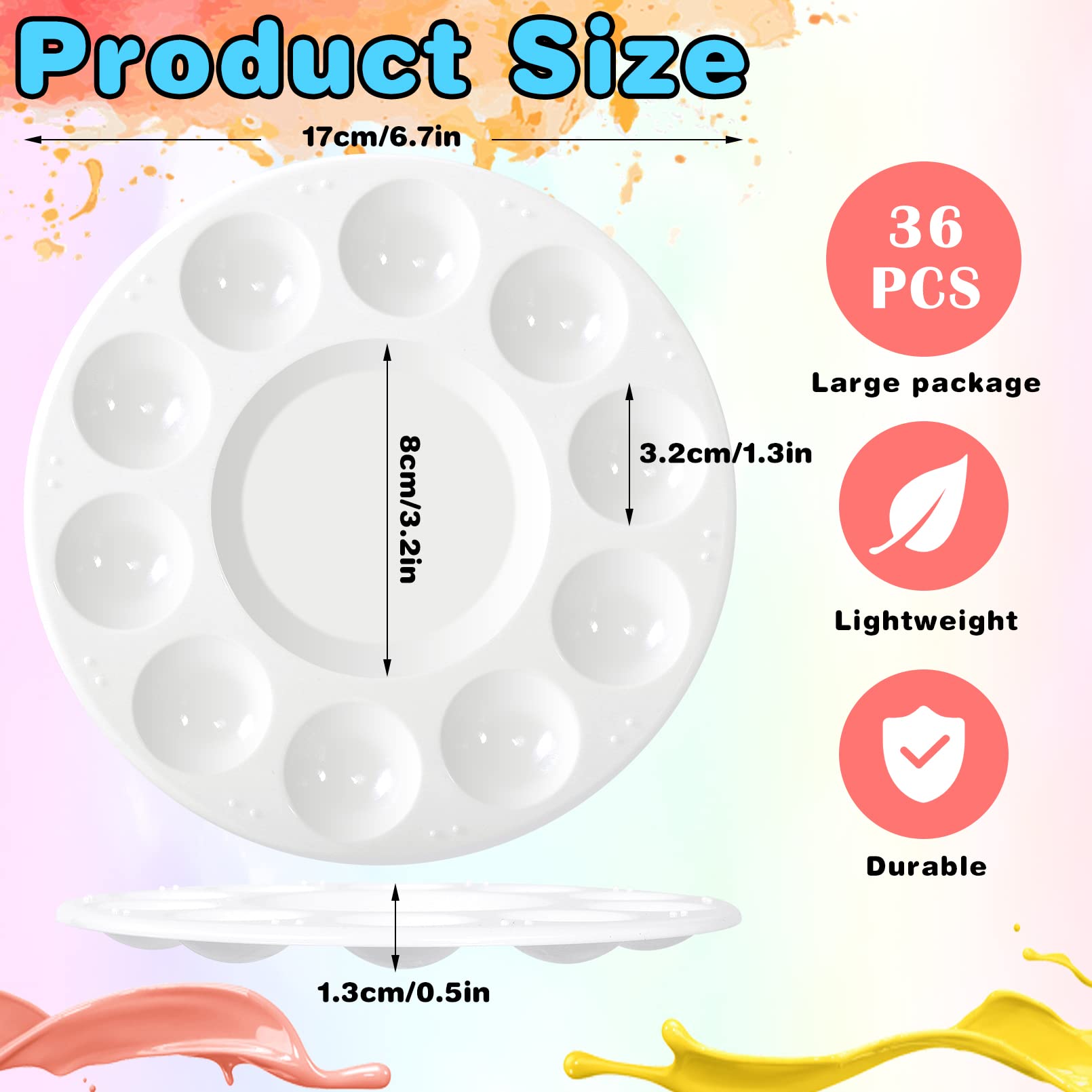 Calluace 36Pcs Plastic Paint Palette, Round with 10 Wells & Central Reservoir, White, Perfect for Kids, Adults & DIY Crafts