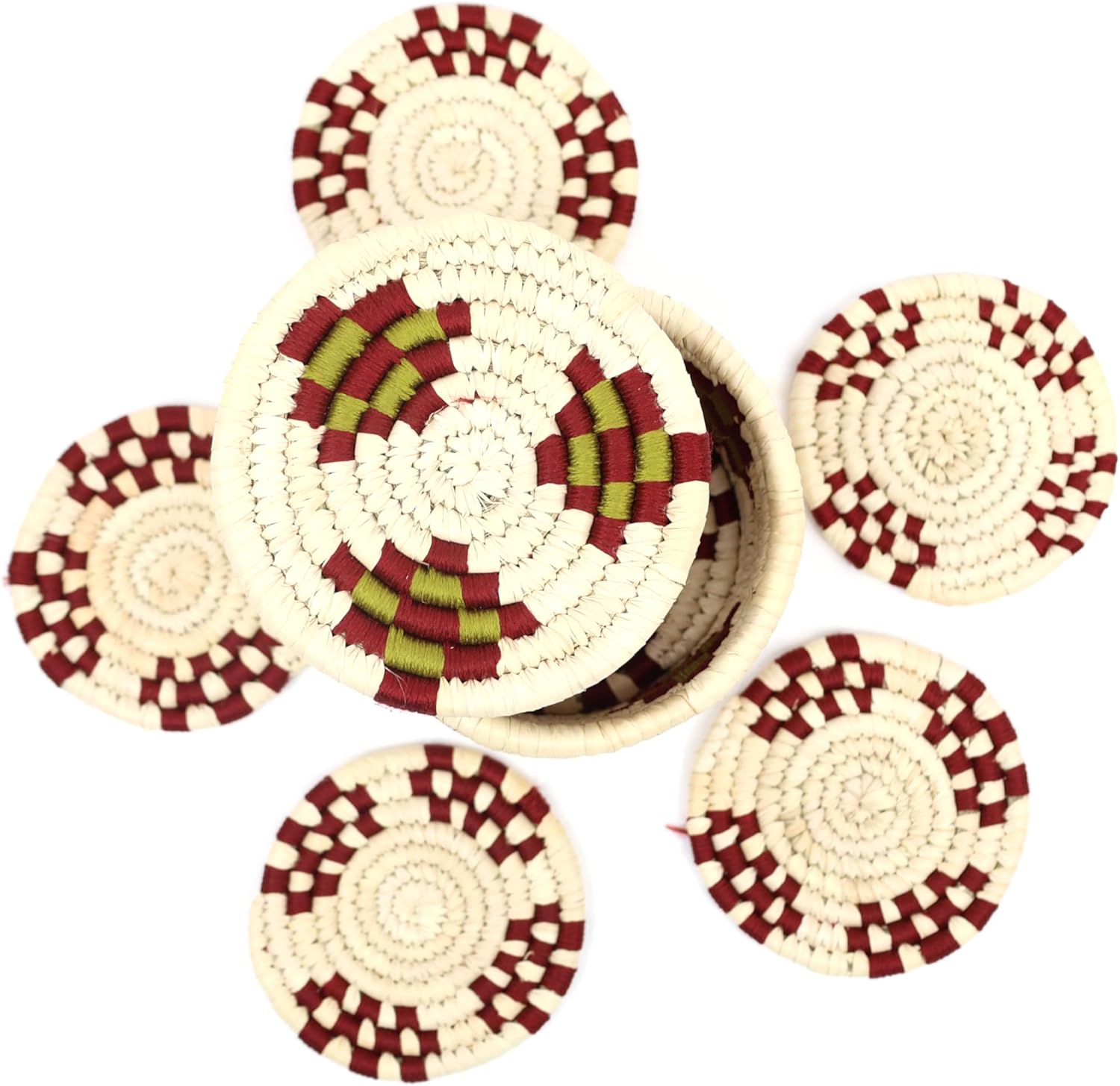 Natriel Sabai Grass Handwoven Round Coaster Set with Storage Box, Natural White with Burgundy and Green Pattern, 1.77 Inch Diameter, 6 Piece Set
