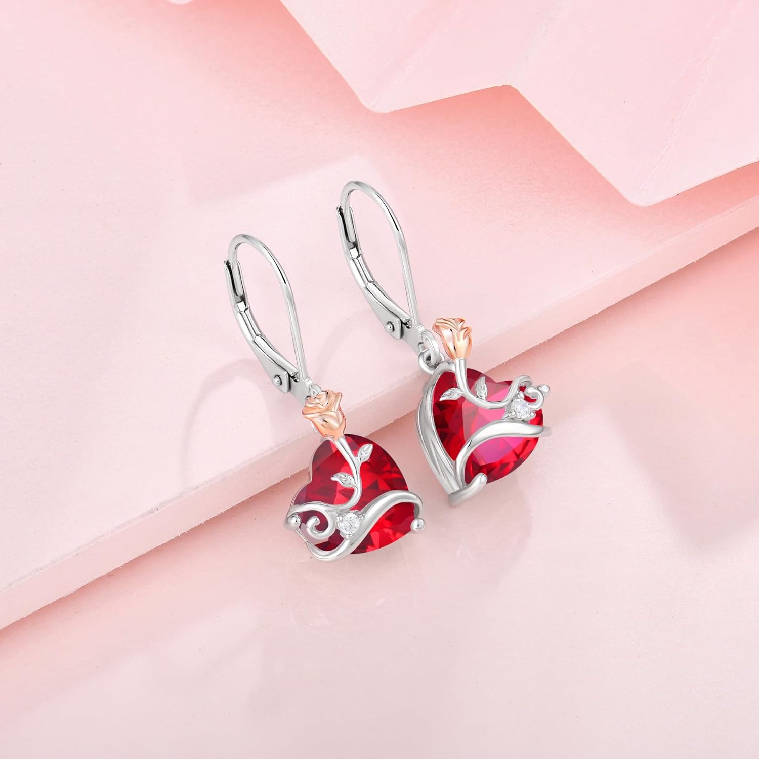 Dangle Drop Leverback Earrings for Women 925 Sterling Silver Rose Flower Earrings, 5A Cubic Zirconia Birthstone Jewelry Gifts for Valentines, Mothers Day - Image 4