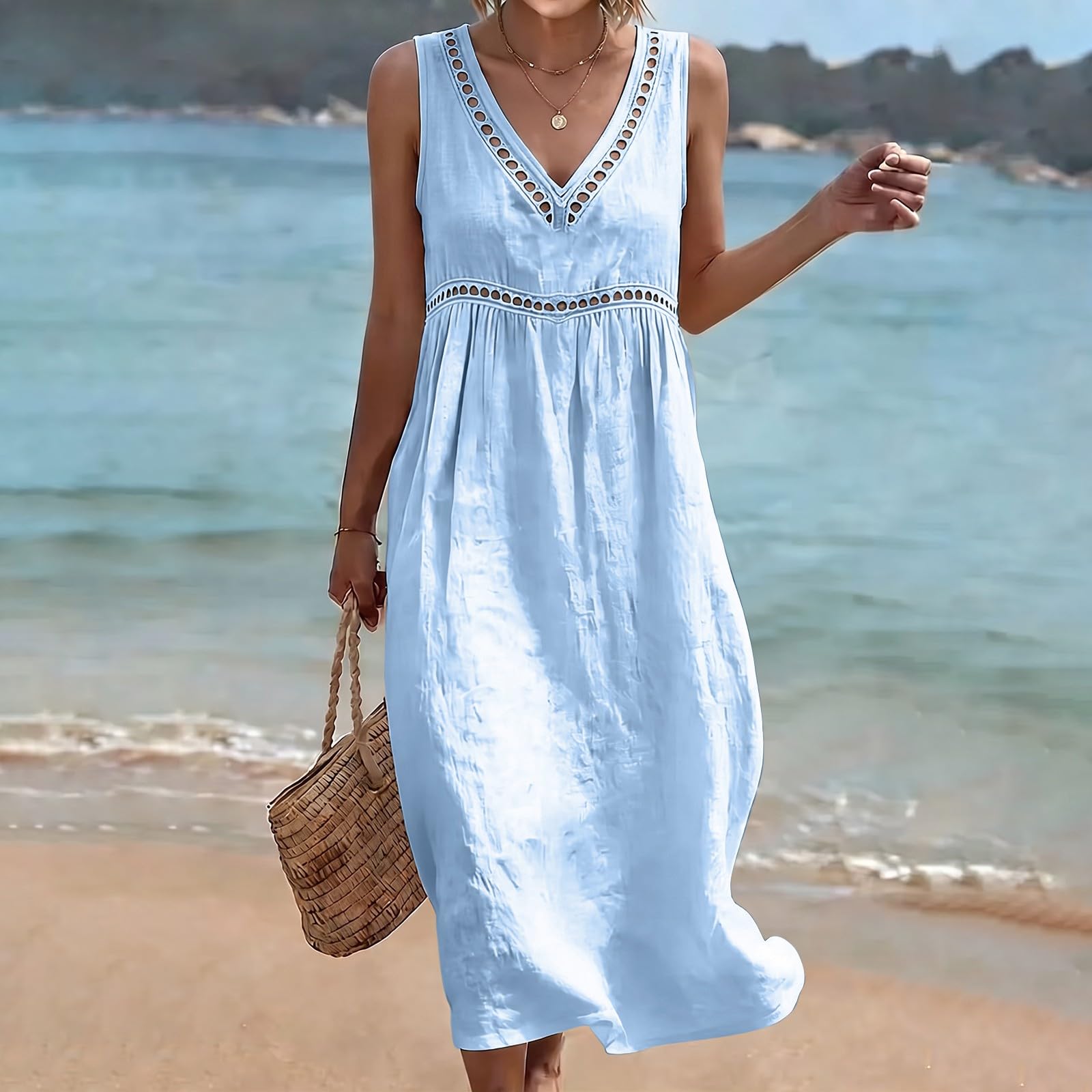 Abito estivo da donna, leggero e arioso, in mussola, con scollo a V, senza spalline, senza maniche, abito da casa, abito bohémien, abito da spiaggia, comodo abito per il tempo libero