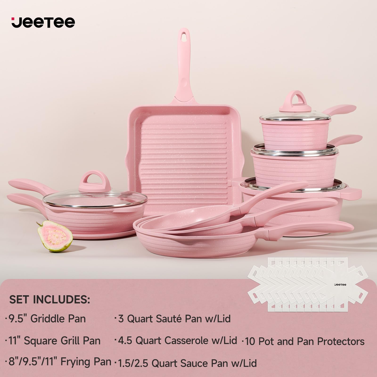 JEETEE Essential Pot Sets Juego de Sartenes 23 piezas, Juego de ollas y sartenes de granito antiadherente, Juego de ollas de inducción y de cocción con tapa, Rosado