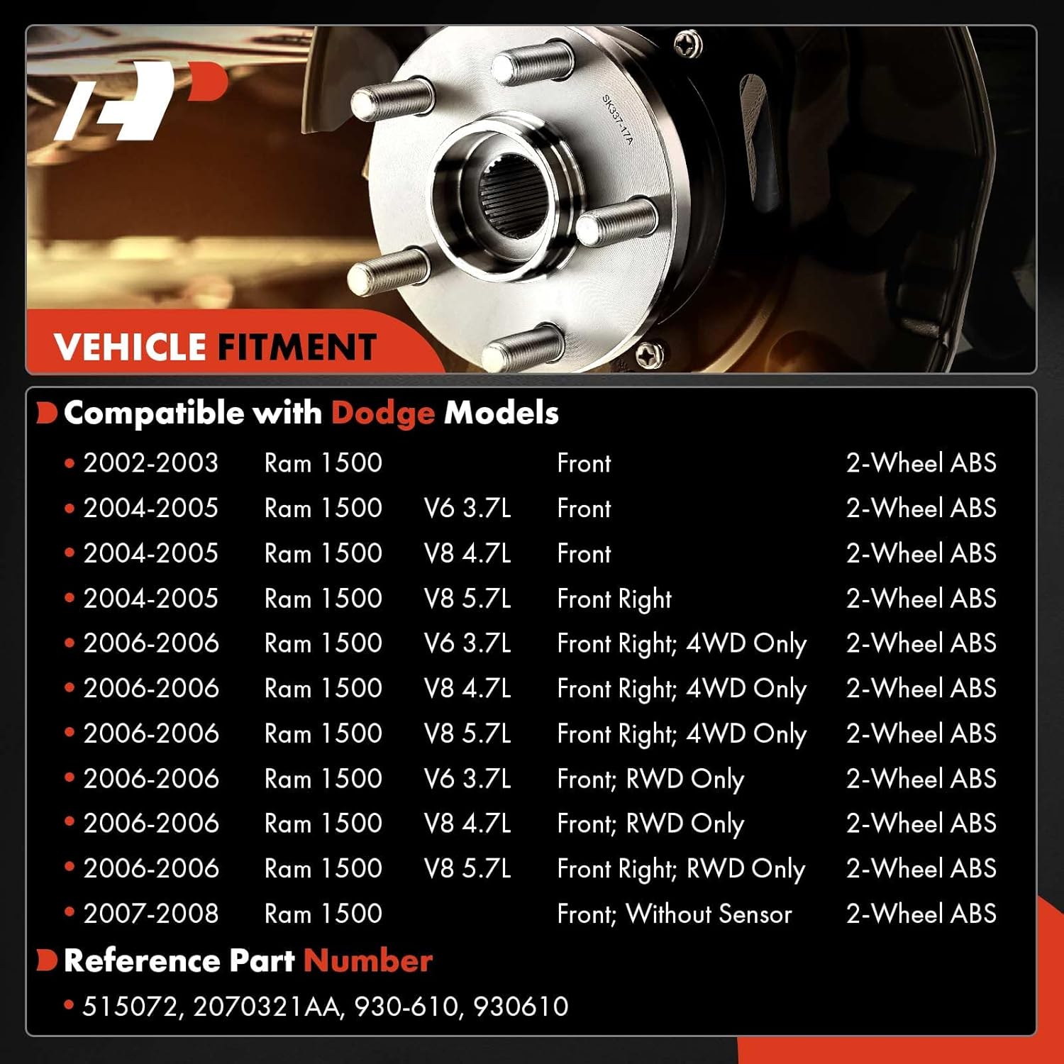 A-Premium Wheel Bearing and Hub Assembly with 5-Lug Compatible with Dodge Ram 1500 2002 2003 2004 2005 2006 2007 2008, with 2-Wheel ABS