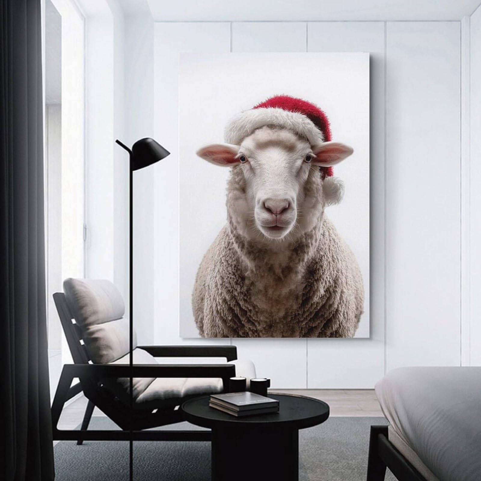 Junmoney Sheep Wearing Santa Hat Canvas Art Print, 24x36inch(60x90cm), for Bedrooms, Workspaces And Everyday Interiors, A Flexible Wall Accent for Shared Spaces