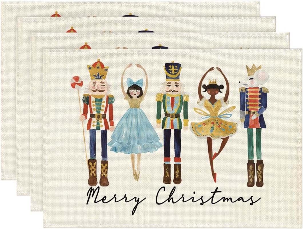 Artoid Mode Watercolor Nutcrackers Xmas Balls Merry Christmas Placemats Set of 4, 12x18 Inch Seasonal Winter Holiday Table Mats for Party Kitchen Dining Decoration