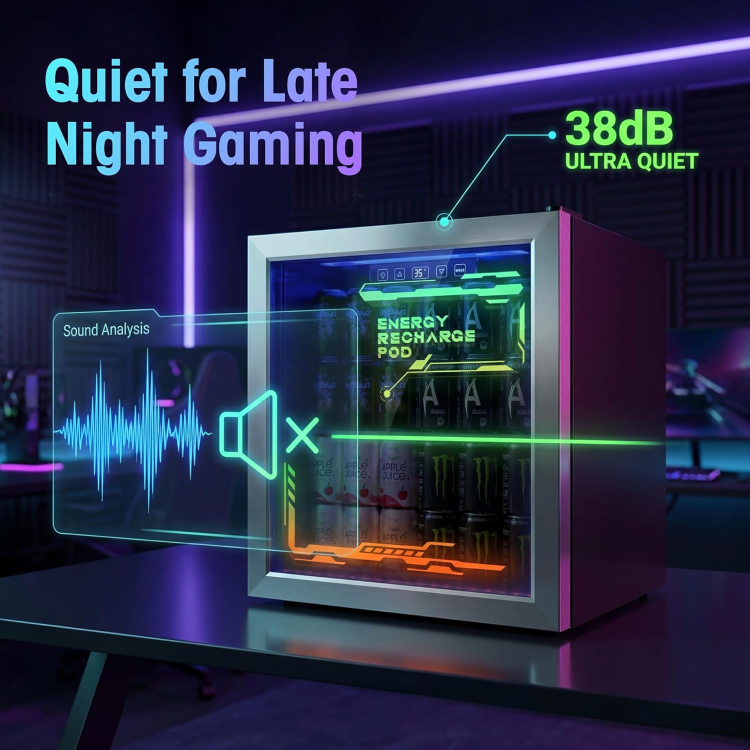 Tehanld 68-Can Beverage Refrigerator, 1.8 Cu.Ft Gaming Fridge with RGB Illuminated Glass Door, 35°F Quick Cooling, Quiet Soda Beer Cooler for Game Room, Bedroom & Man Cave