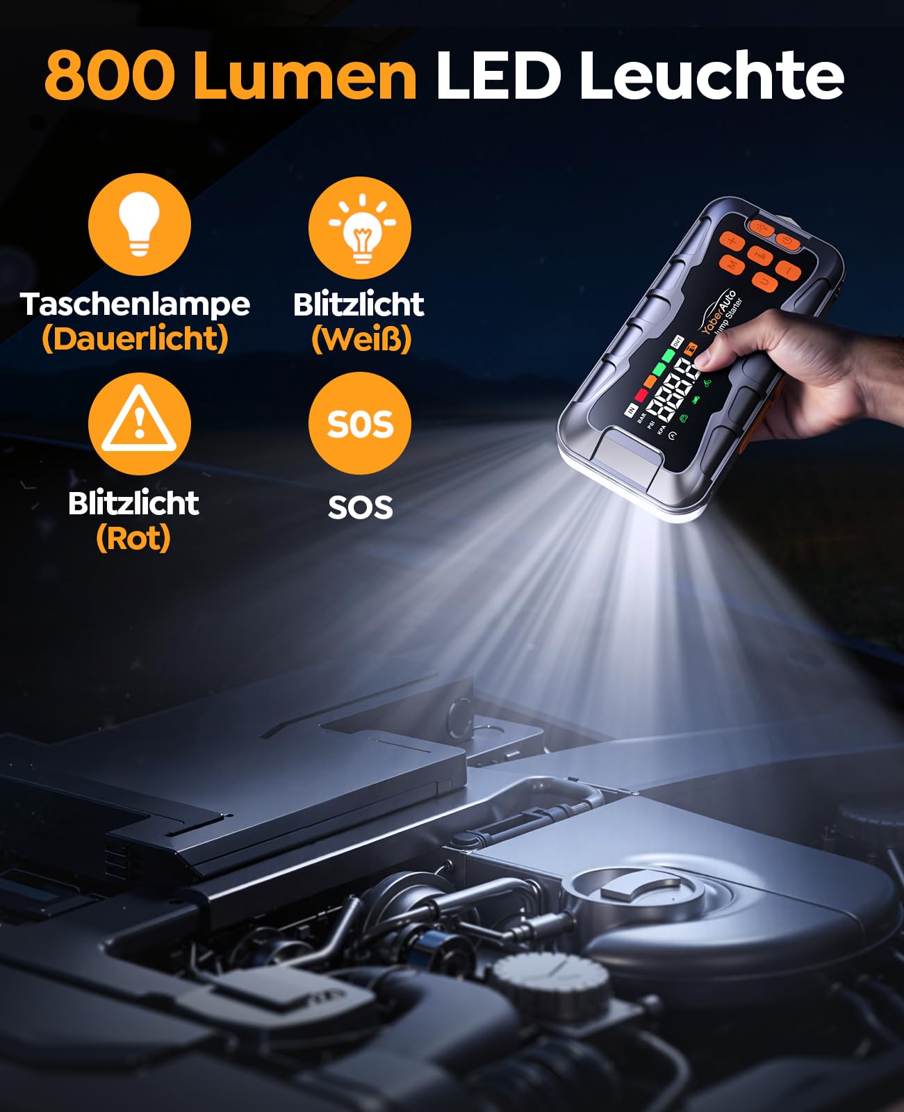 16 in 1 7000A Starthilfe Powerbank für Pkw mit Kompressor 160PSI, 27000mAh Auto Starthilfe für All Benziner und 12.0L Diesel, Starthilfe mit 800 Lumen 4 Modi Licht, Nothammer und Notfall Werkzeugset
