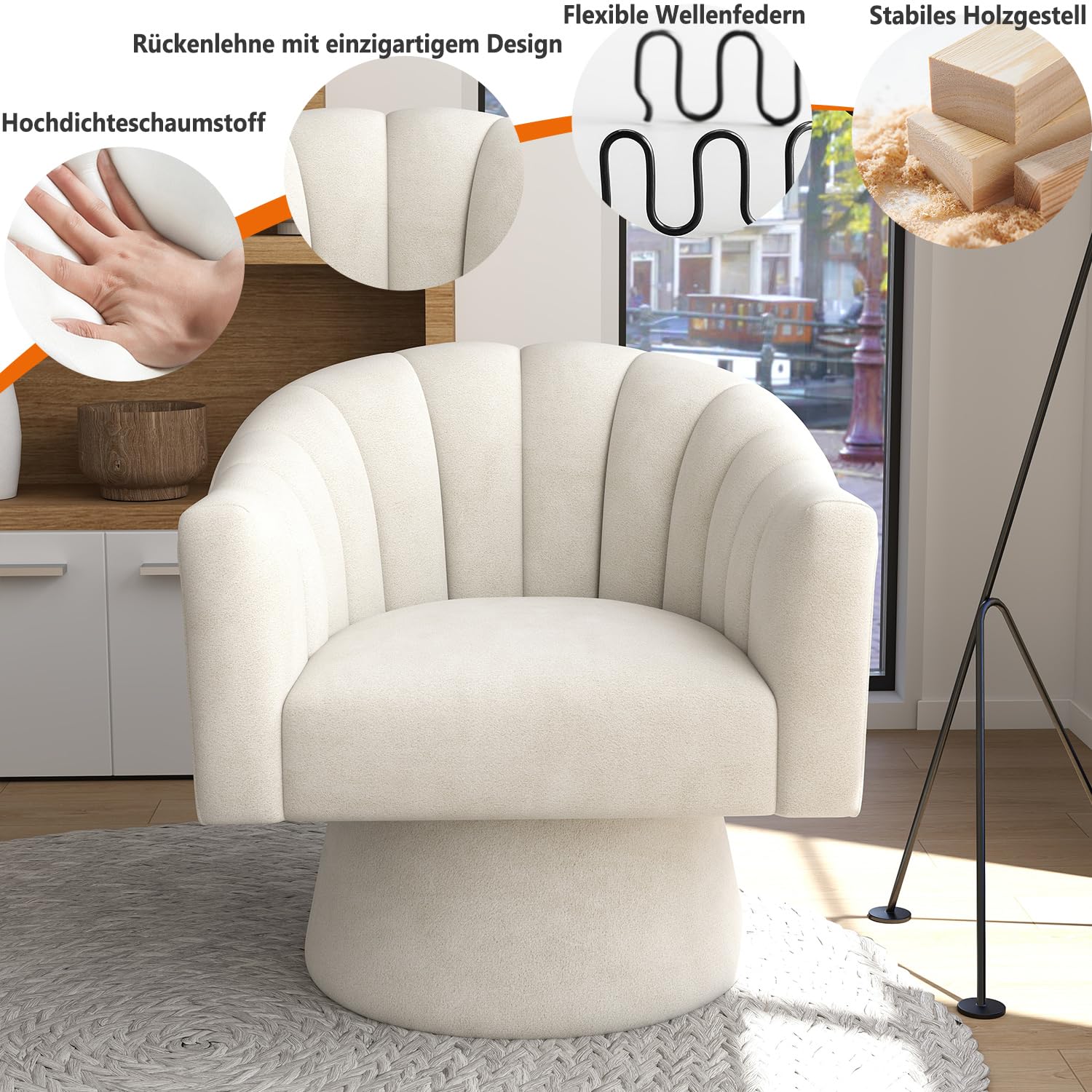 VANTEN Drehsessel Wohnzimmer mit Samt – 360° Drehbarer Sessel mit weicher Polsterung, Runder Armlehnstuhl für Schlafzimmer & Büro | Lesesessel mit Armlehnen(Beige)