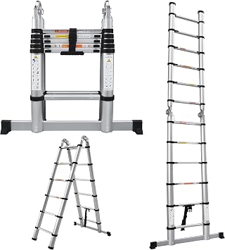 Telescopic Ladder 12.5FT, Extension Ladder Make of Aluminum Alloy, Telescoping Ladder with Stabilizer Bar, Folding Ladder Multi-Purpose Ladder for Outdoor Indoor Use, 330lbs Capacity1,9+1,9m