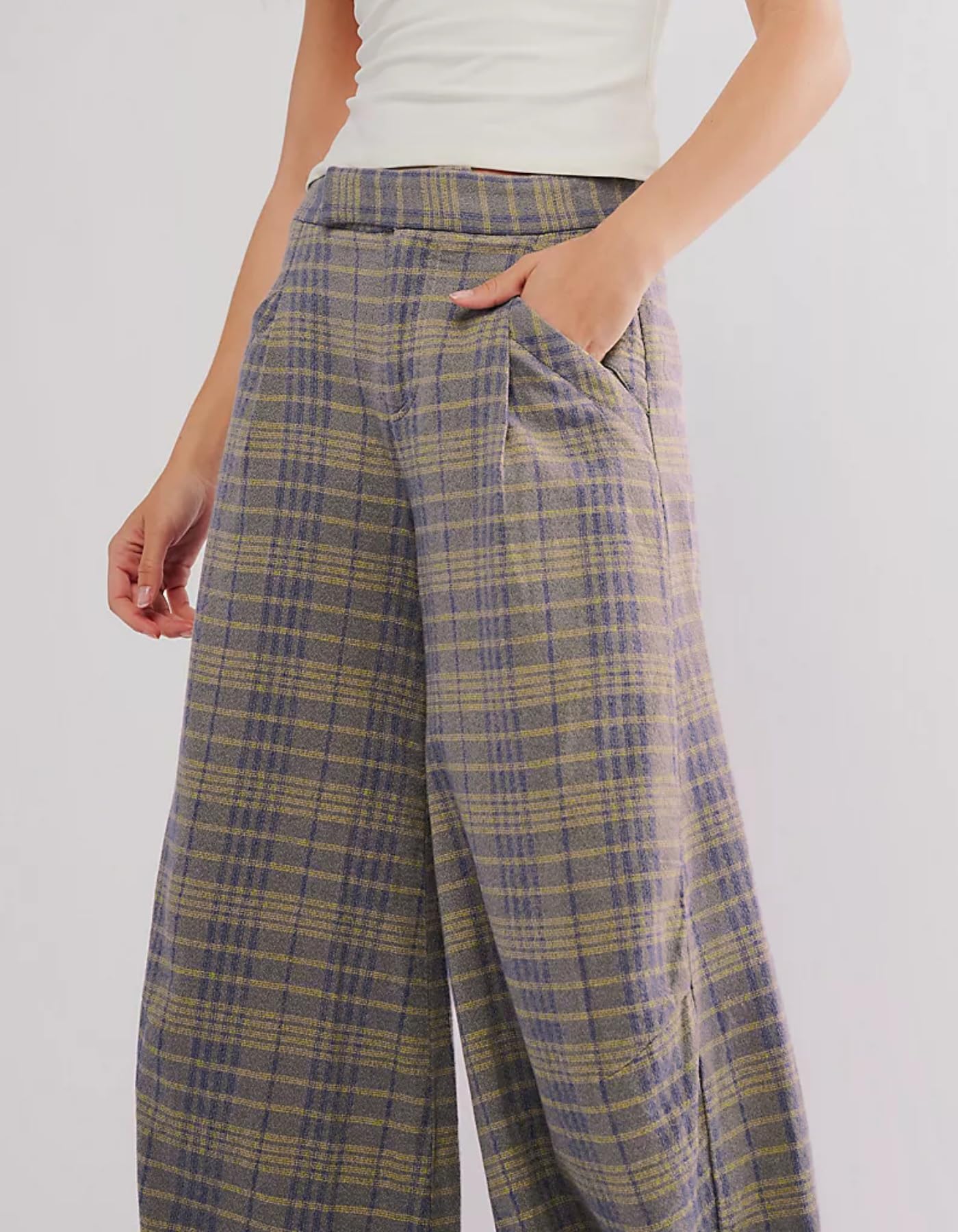 Kedera Damen-Hose, Vintage-Schottenkaro, weites Bein, hohe Taille, Baggy-Hose, leger, Business-Arbeitshose