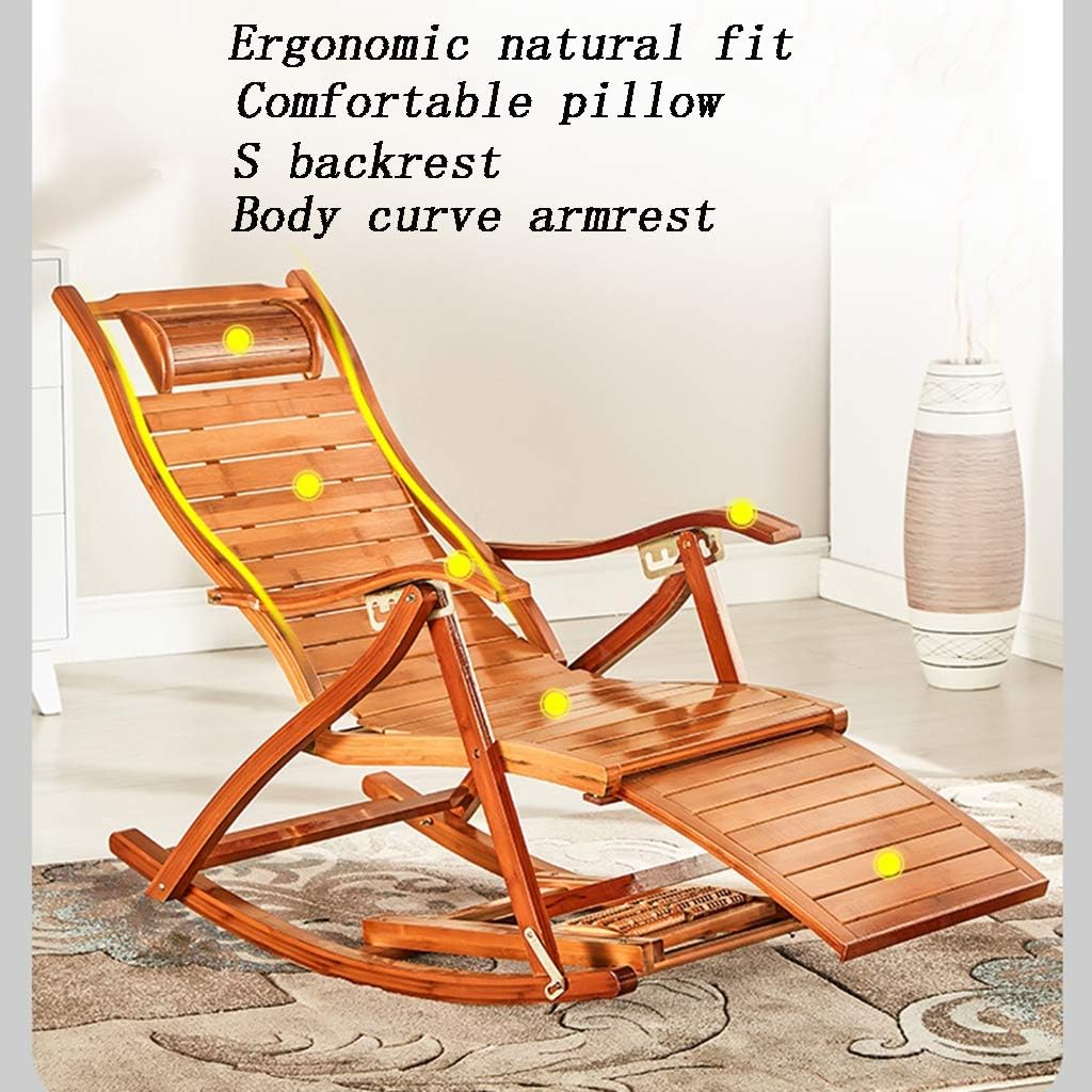 N / A Bamboo Rocking ChairFolding Chair, Portable Household Bamboo Rocking Chair, Adjustable Backrest with Foot Massage Ball Balcony Lounge Chair Sun Lounger
